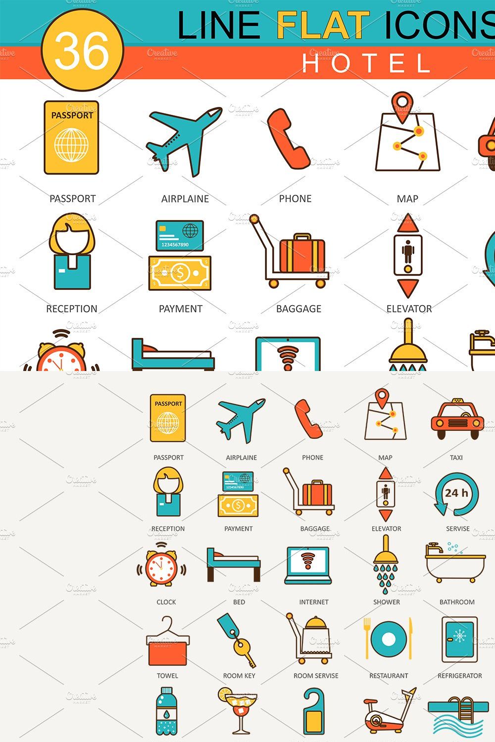 36 Hotel flat line icons set. pinterest preview image.