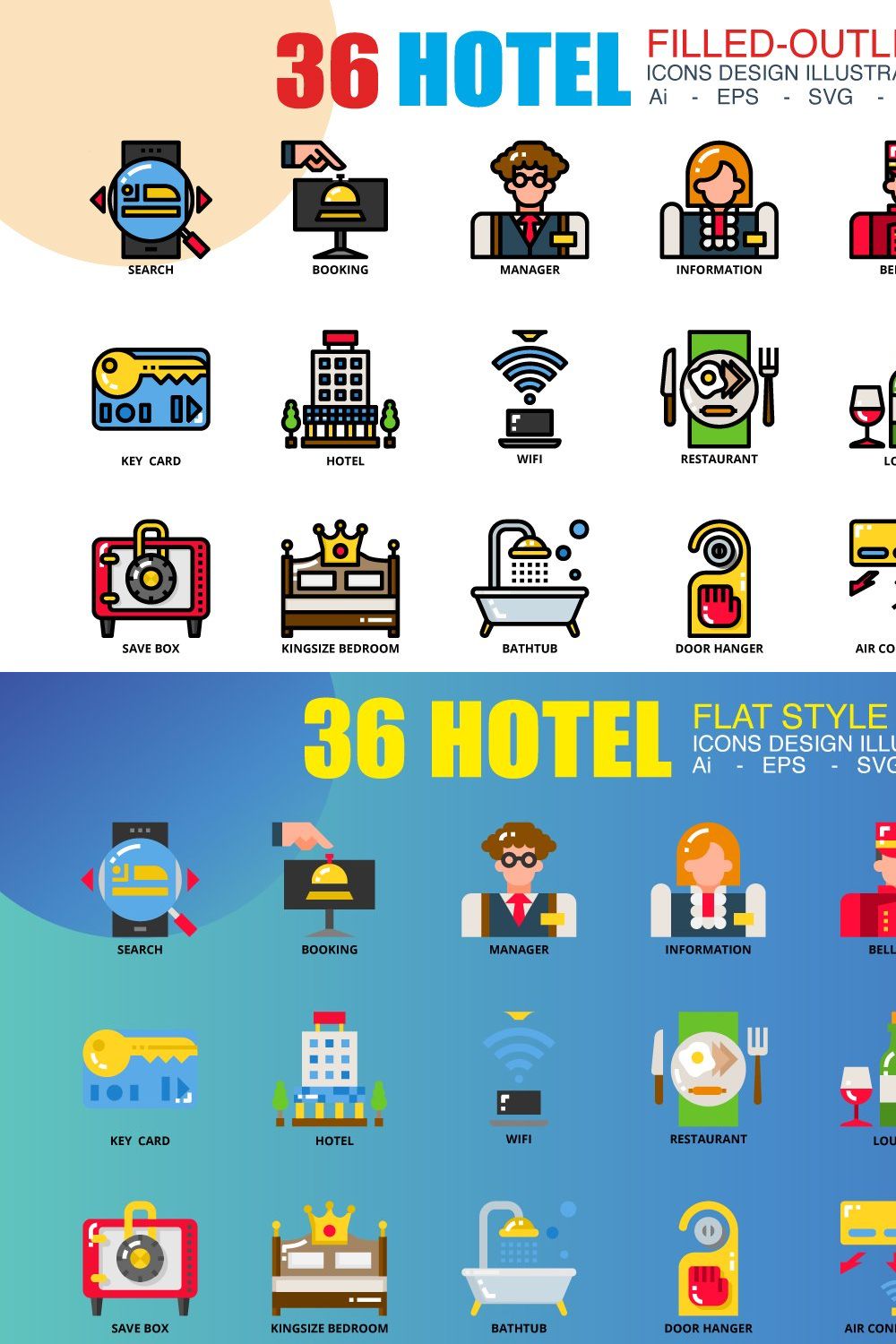 36 Hotel icons set x 3 Style pinterest preview image.