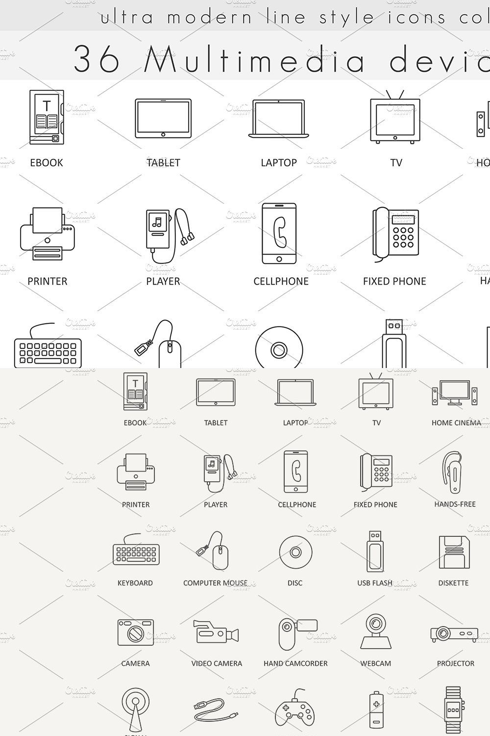 36 Multimedia devices line icons. pinterest preview image.
