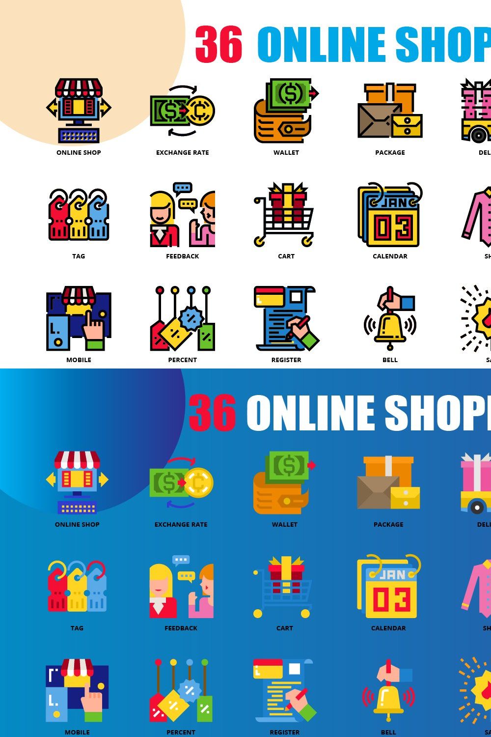 36 Online Shopping icon set x 3style pinterest preview image.