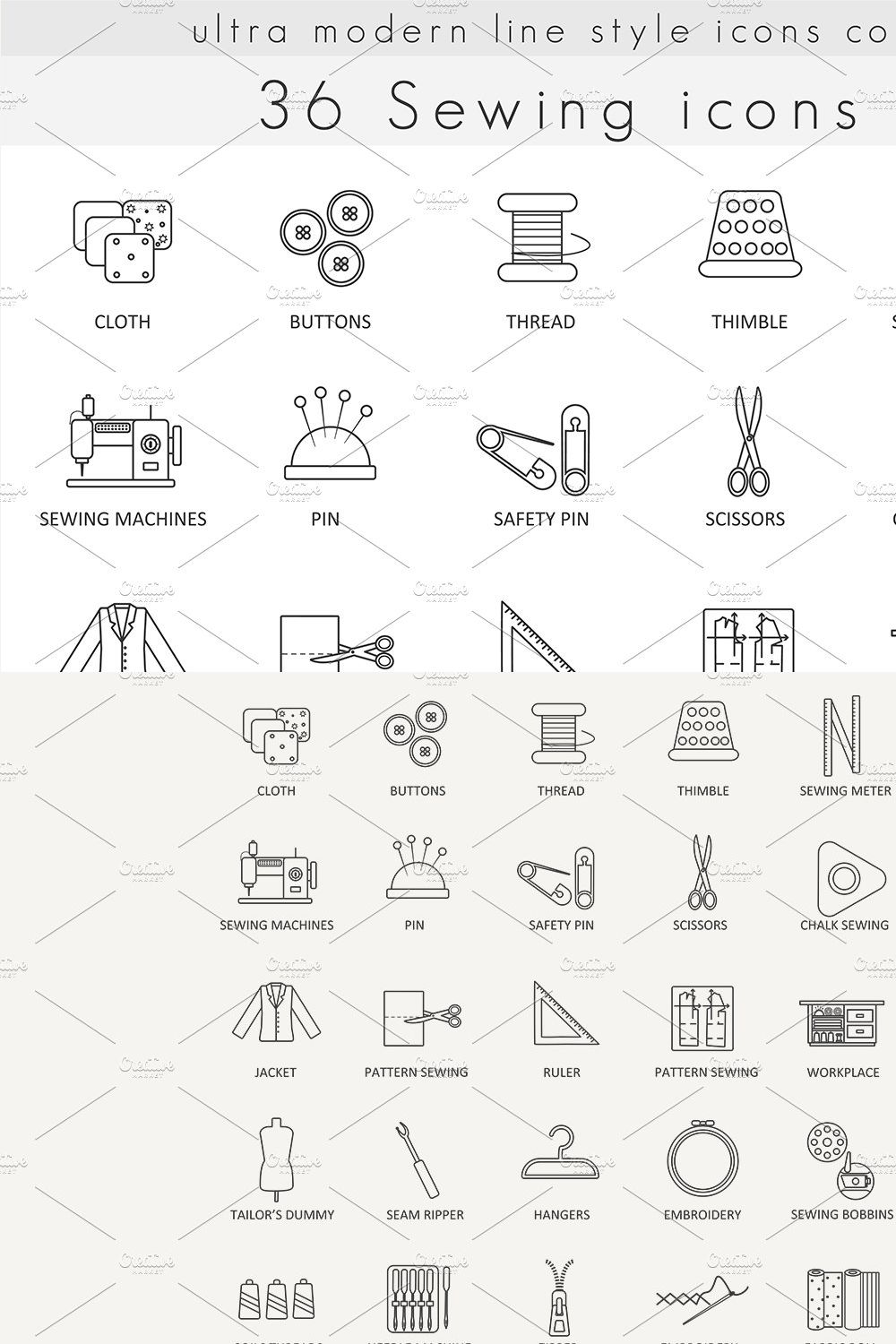 36 Sewing line icons set. pinterest preview image.