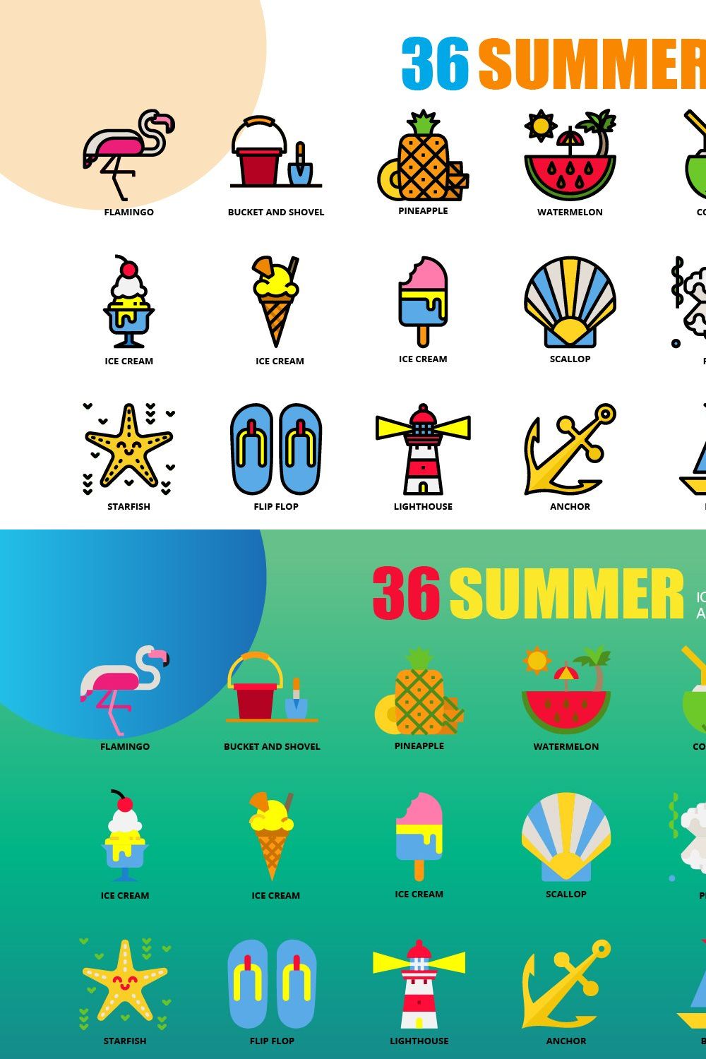 36 Summer icons set 3 style+1 Bonus pinterest preview image.