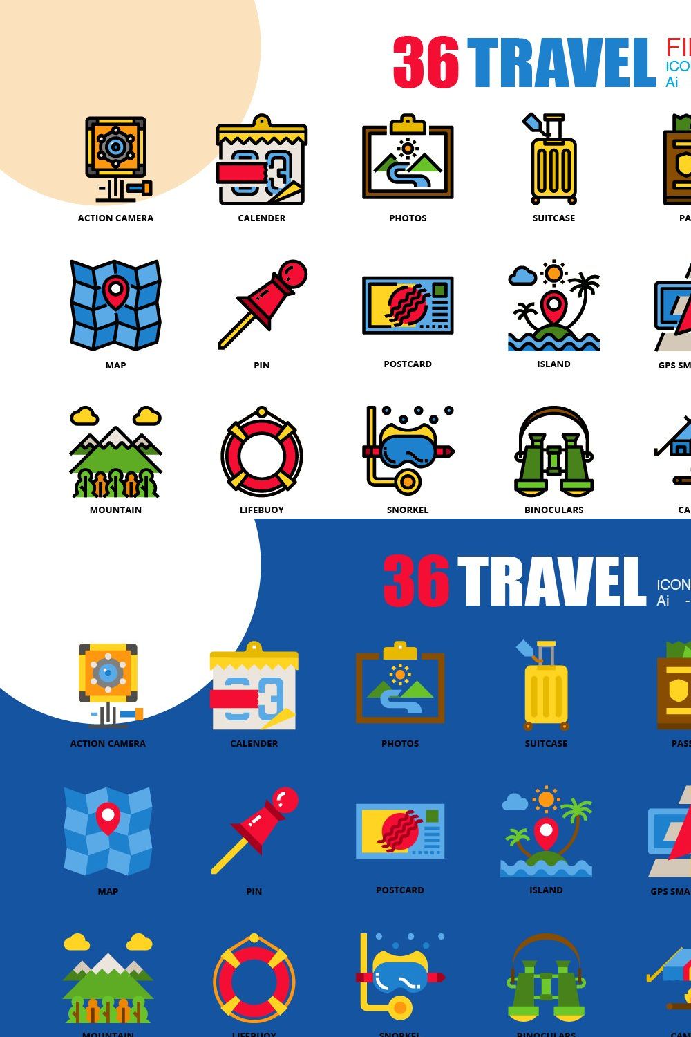 36 Travel icons set x 3 style pinterest preview image.