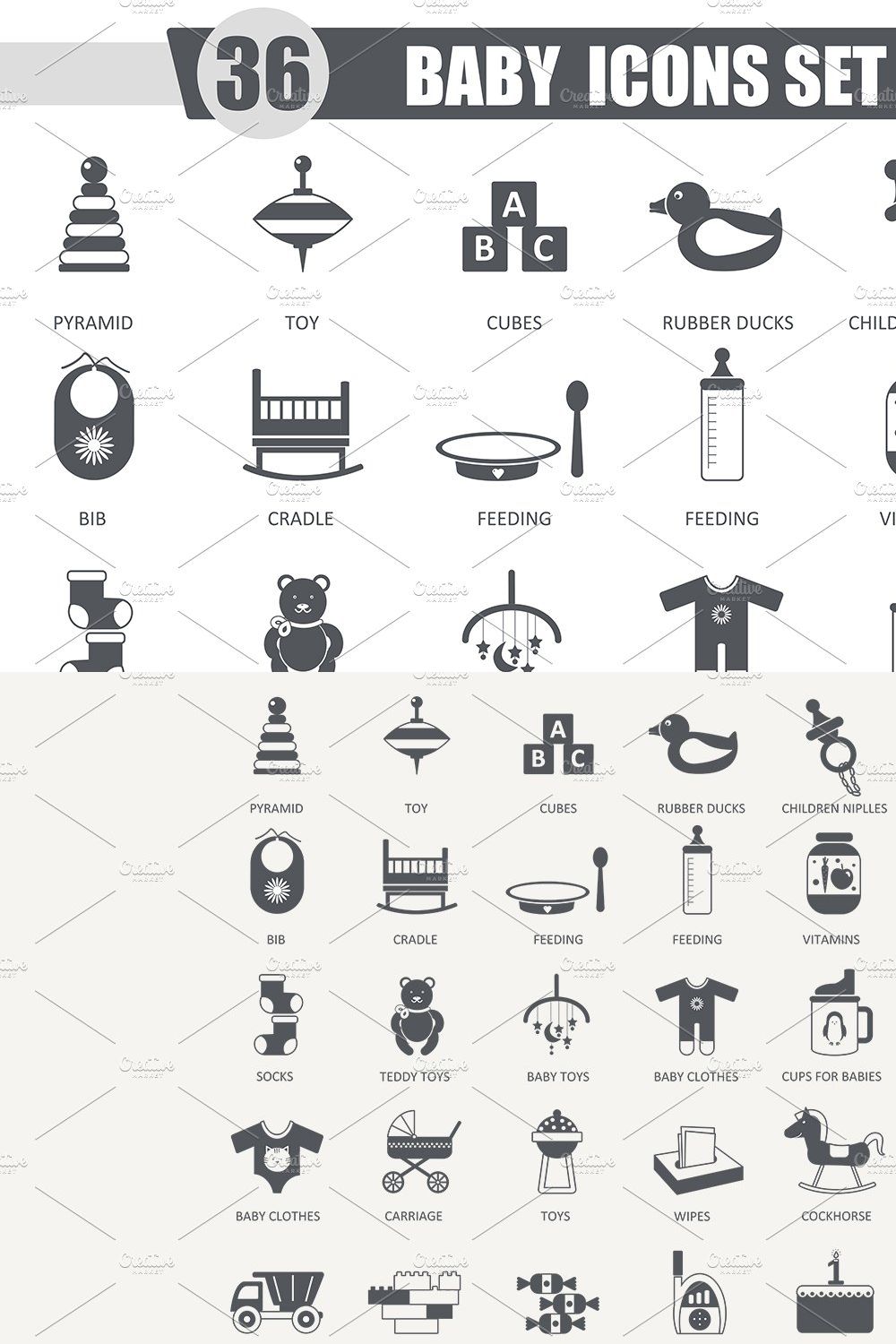 36 Vector Baby black icons set. pinterest preview image.