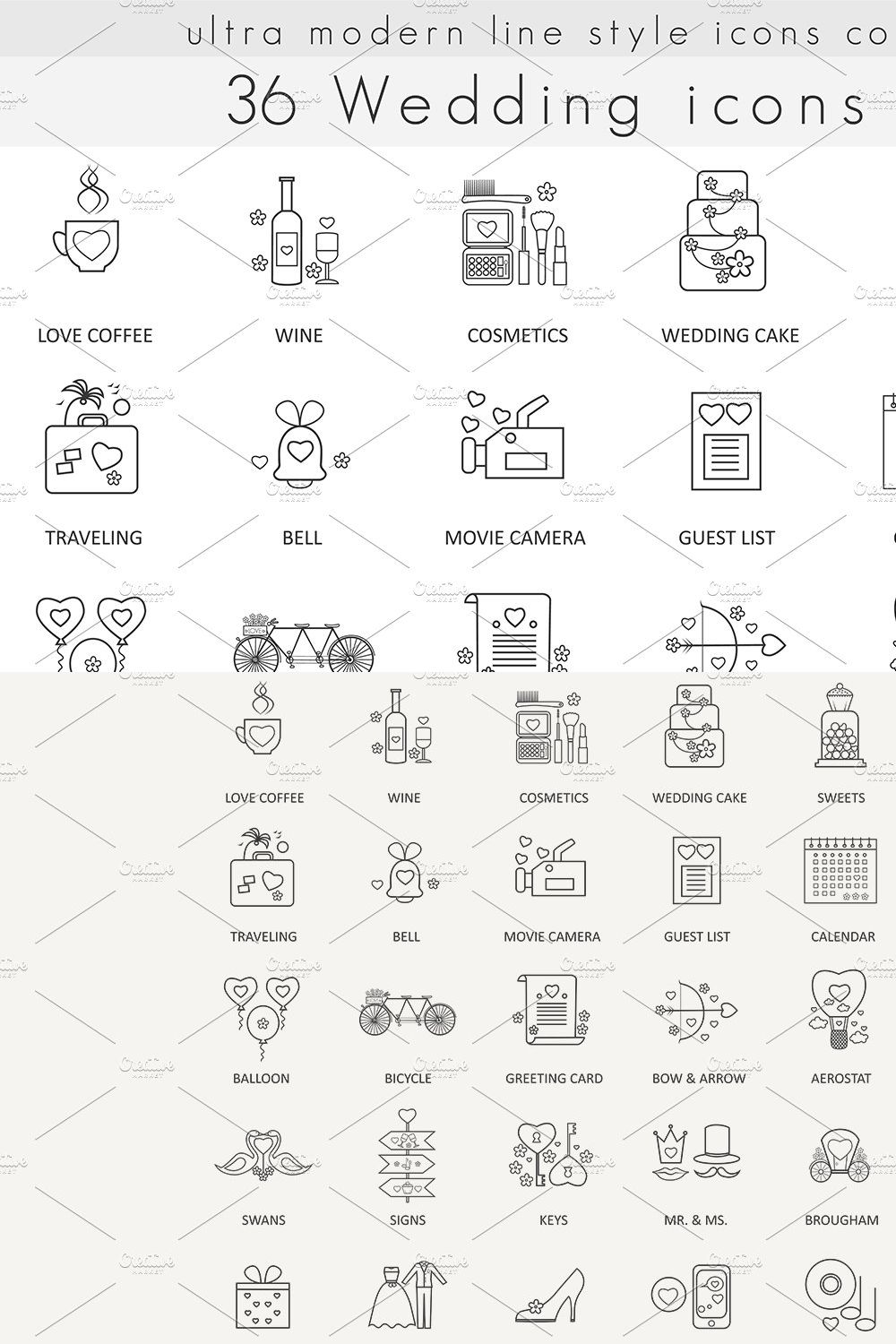 36 Wedding ultra modern line icons. pinterest preview image.