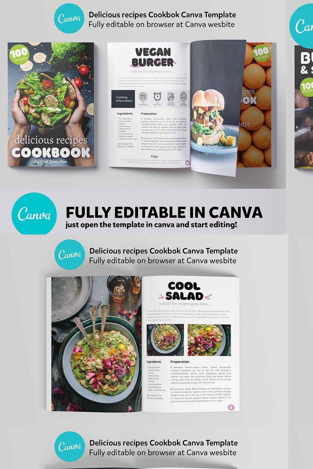 4 Canva Cookbook Templates Combo pinterest preview image.
