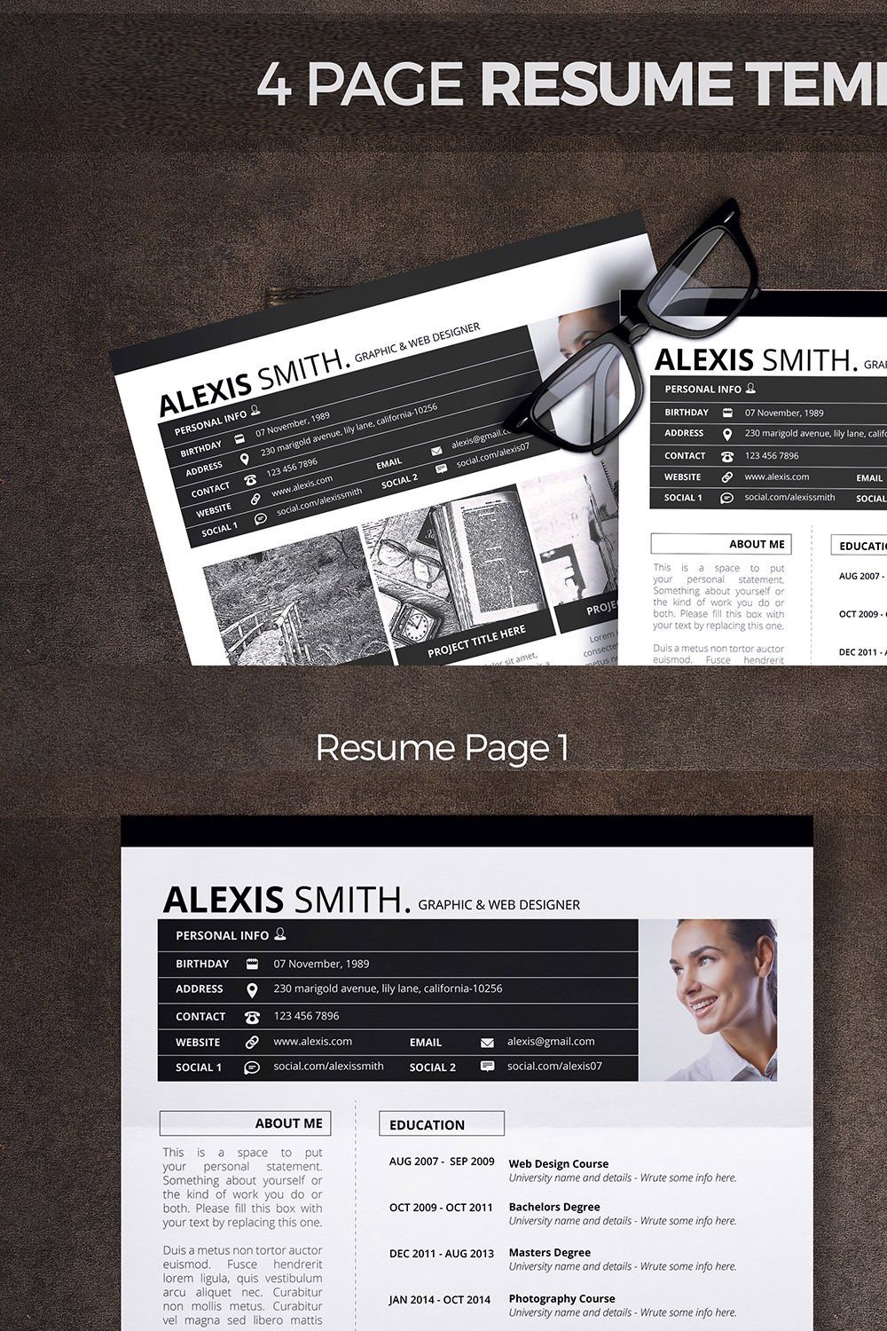 4 Page Resume Template pinterest preview image.