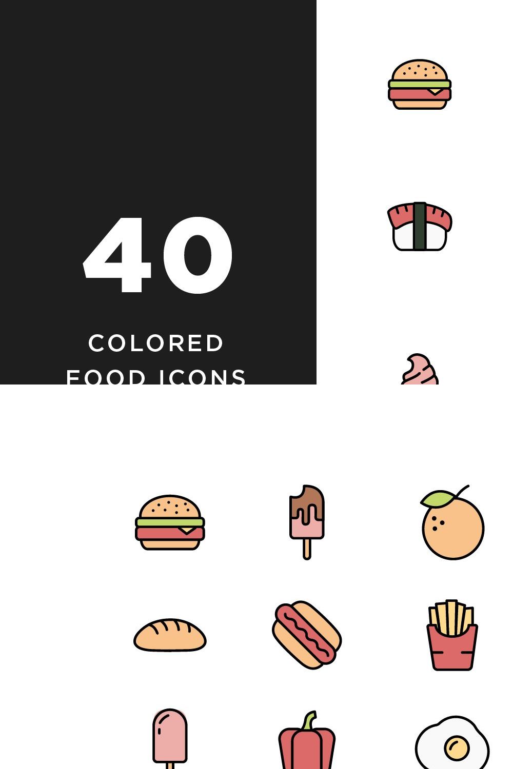 40 Colorful Food Icons pinterest preview image.