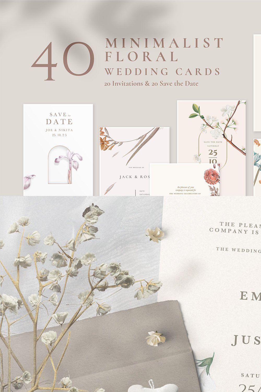 40 Minimalist Floral Wedding Cards pinterest preview image.