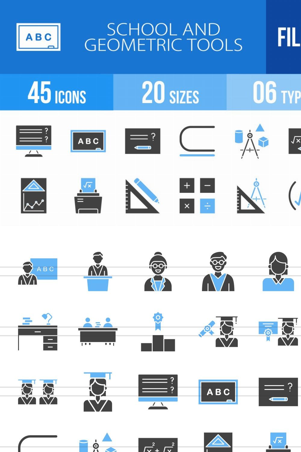 45 School and Geometric Filled Icons pinterest preview image.