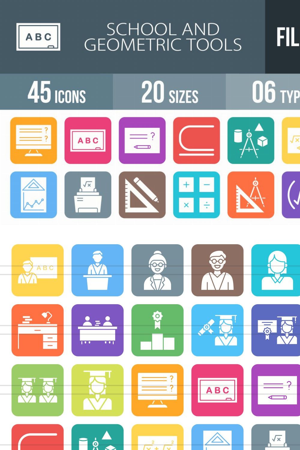 45 School and Geometric Filled Icons pinterest preview image.