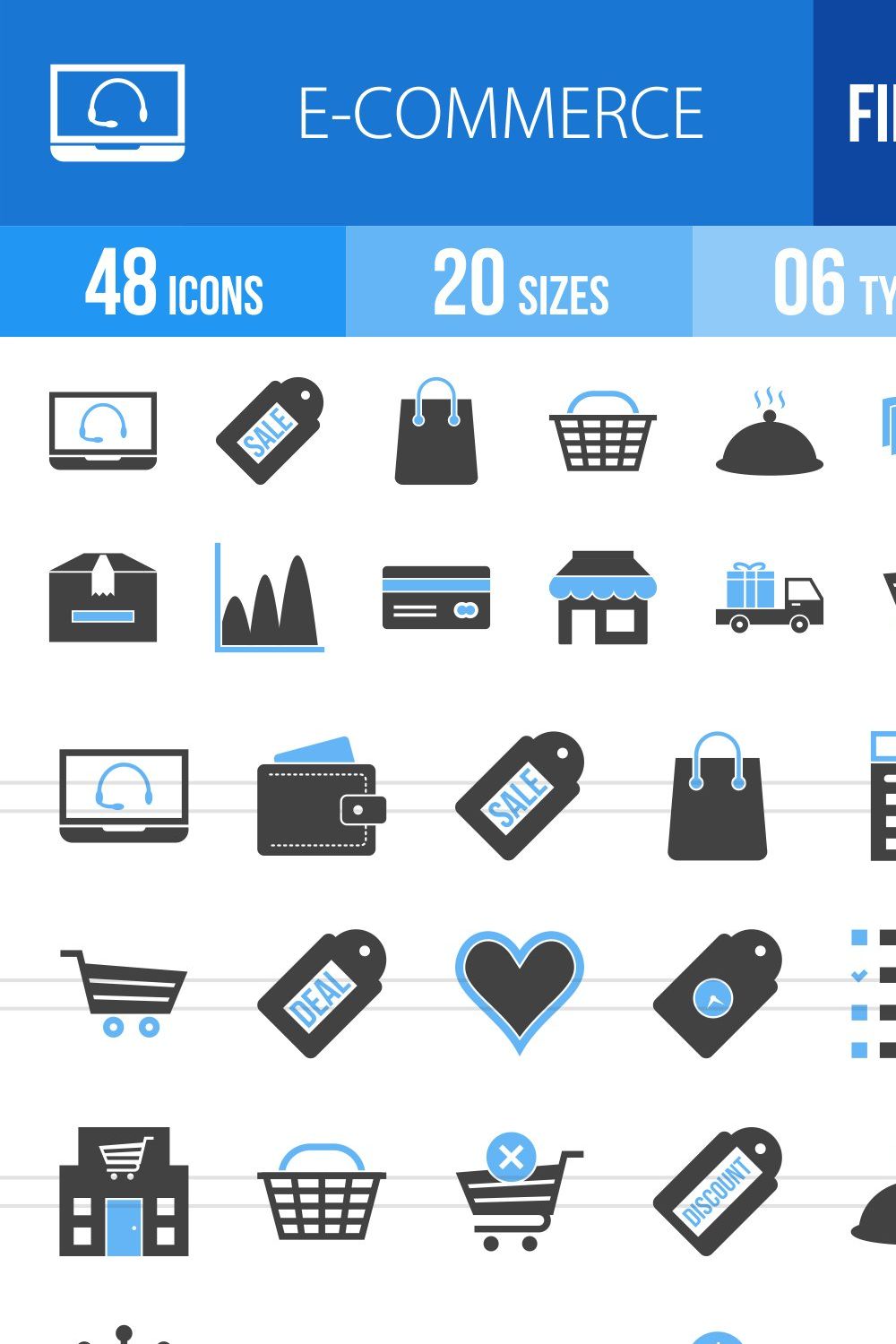 48 Ecommerce Filled Blue Black Icons pinterest preview image.