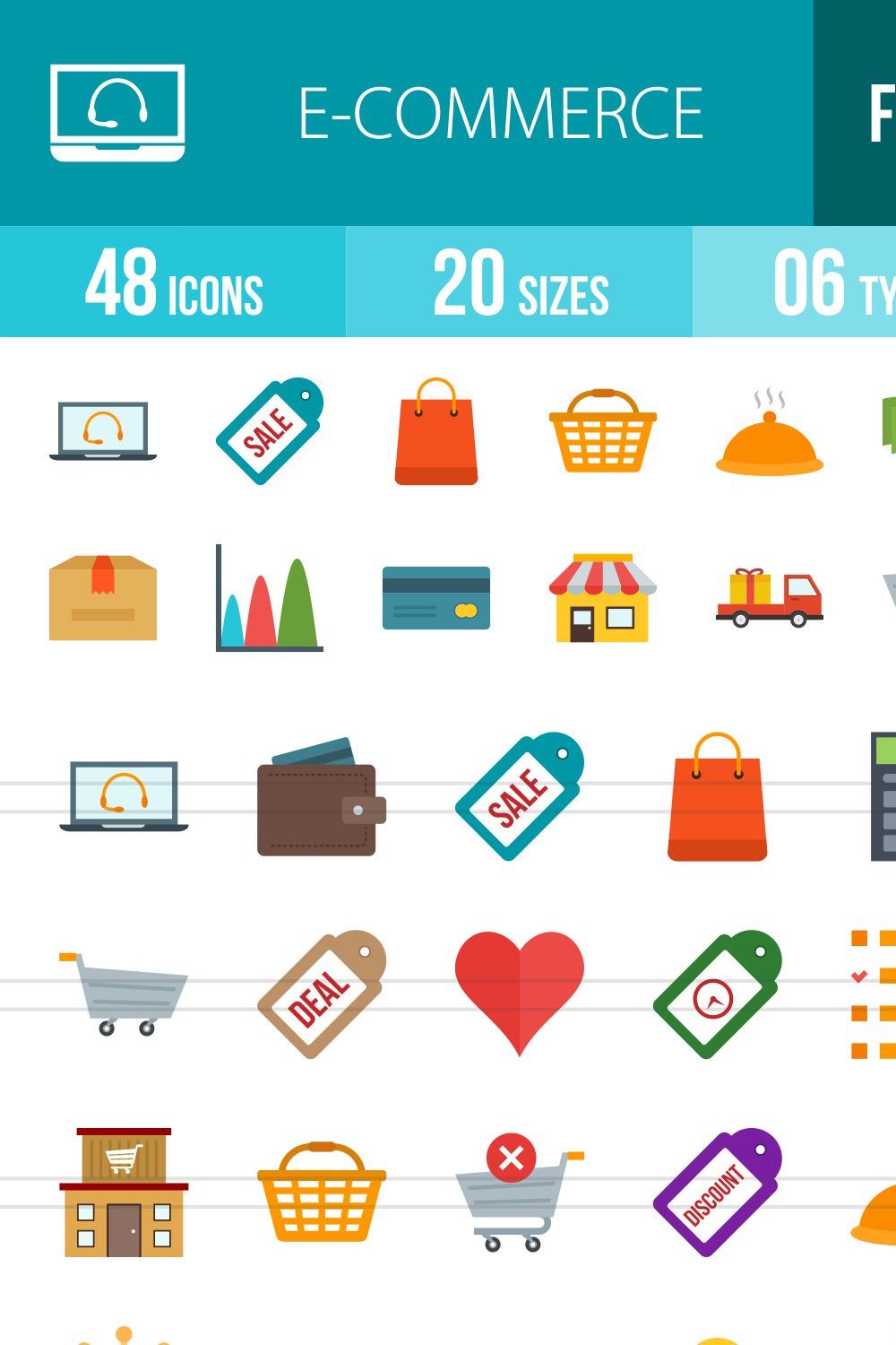 48 Ecommerce Flat Multicolor Icons pinterest preview image.