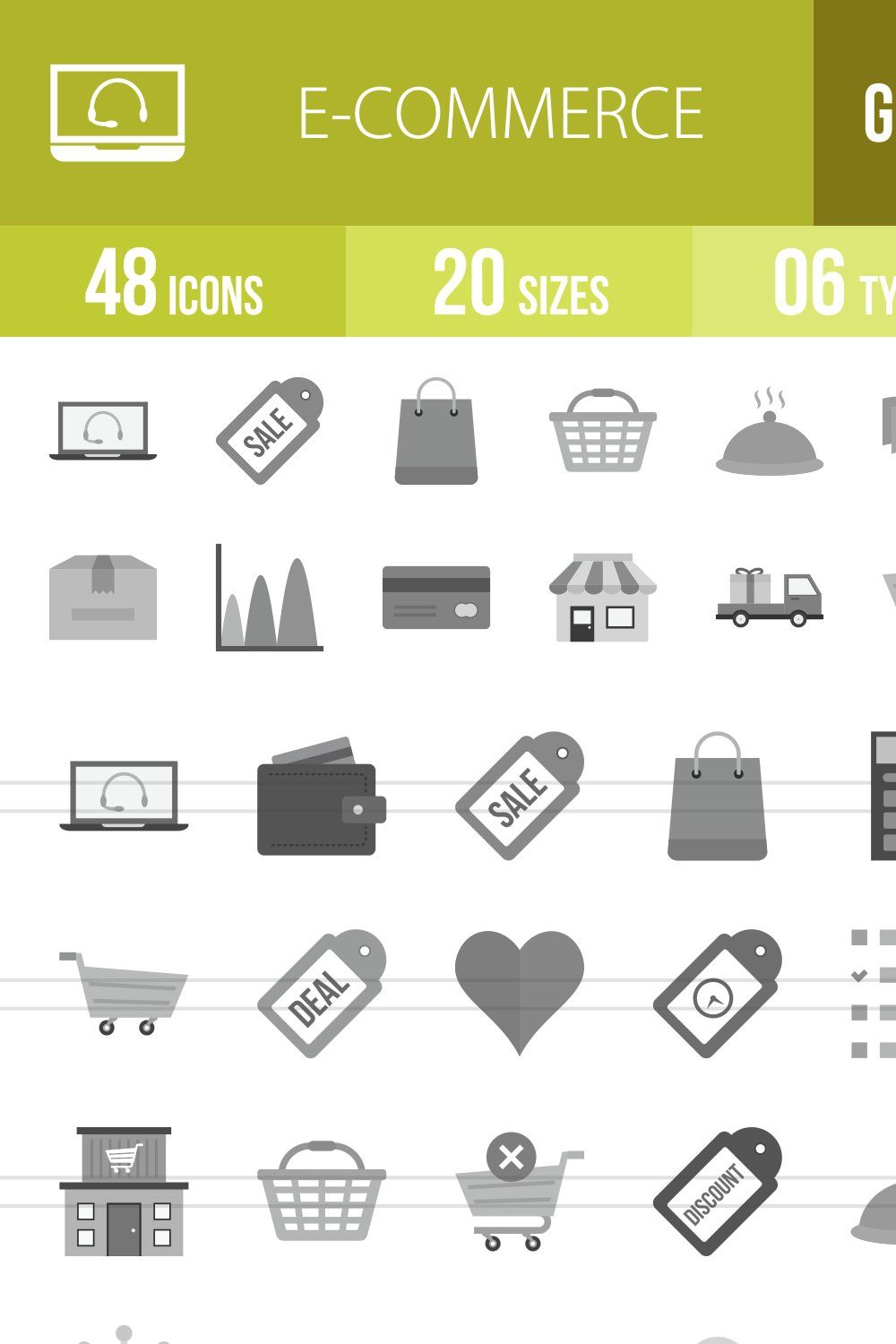 48 Ecommerce Greyscale Icons pinterest preview image.