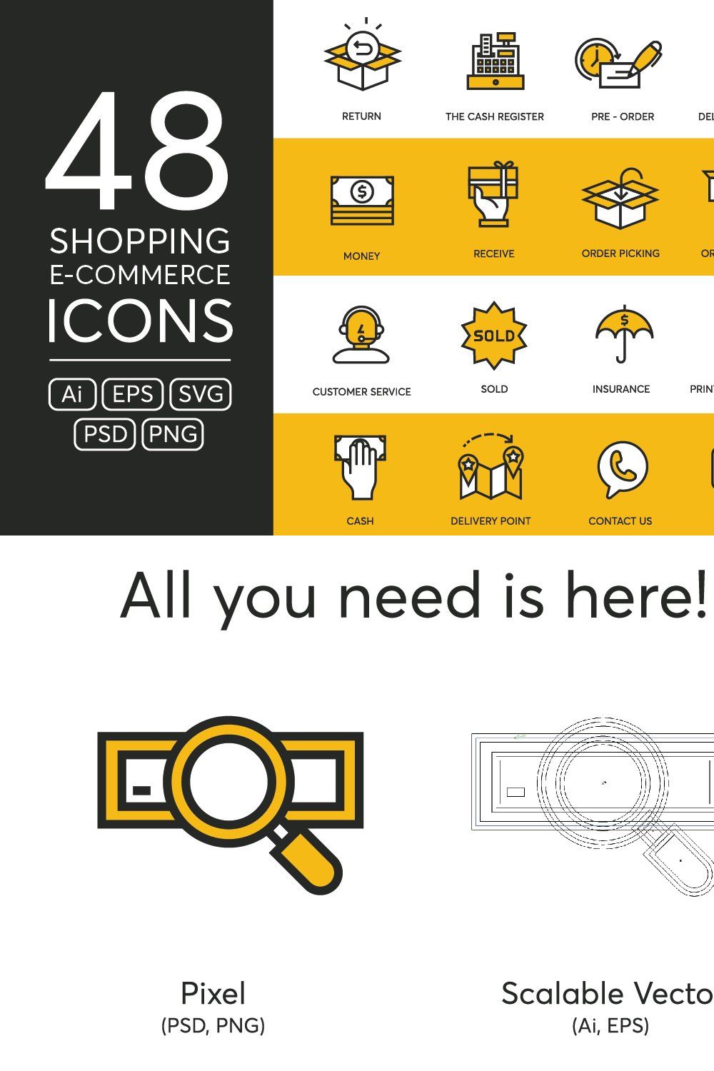 48 Shopping & E-Commerce Icons pinterest preview image.