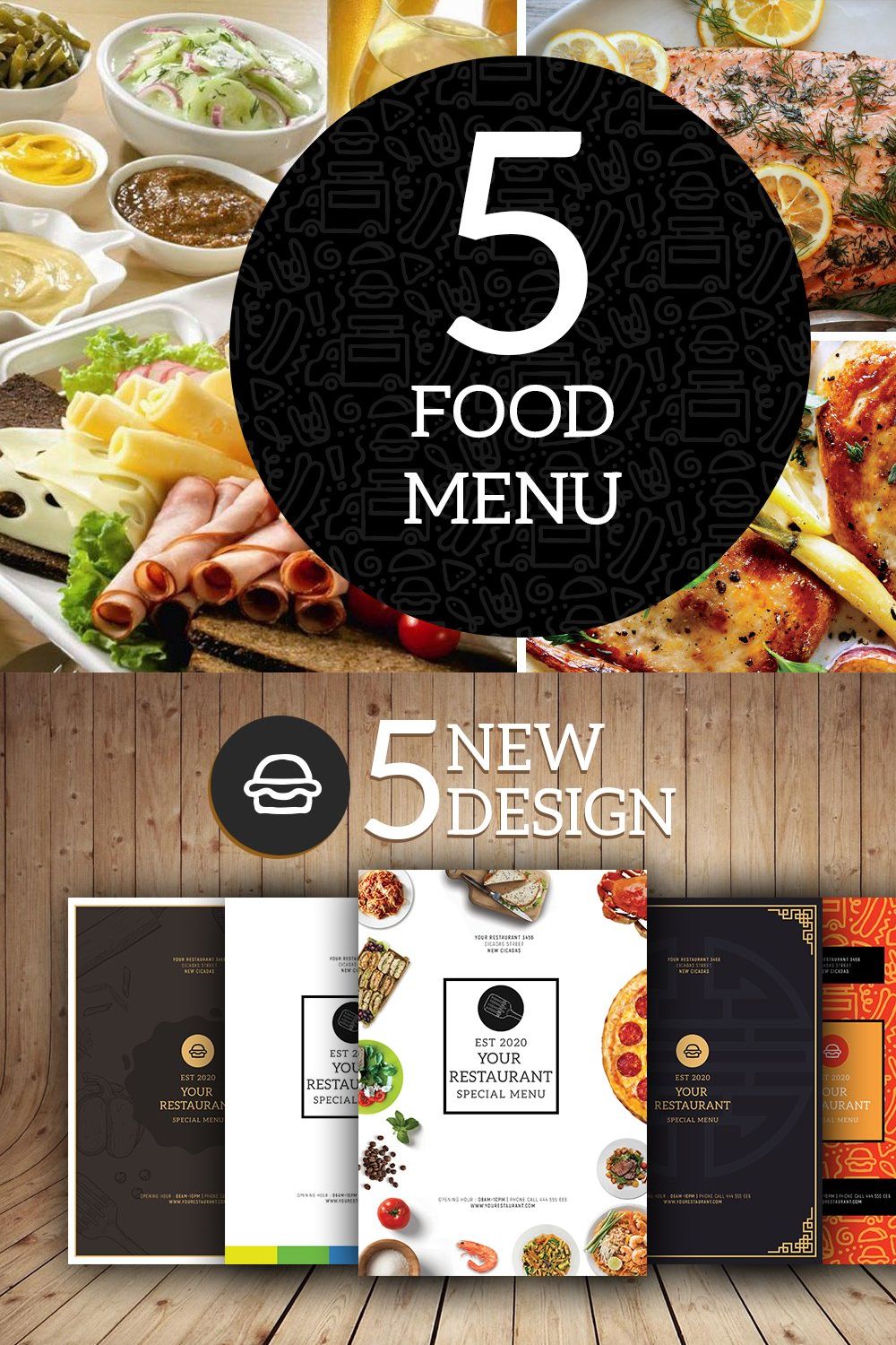 5 Classy Food Menu Template pinterest preview image.