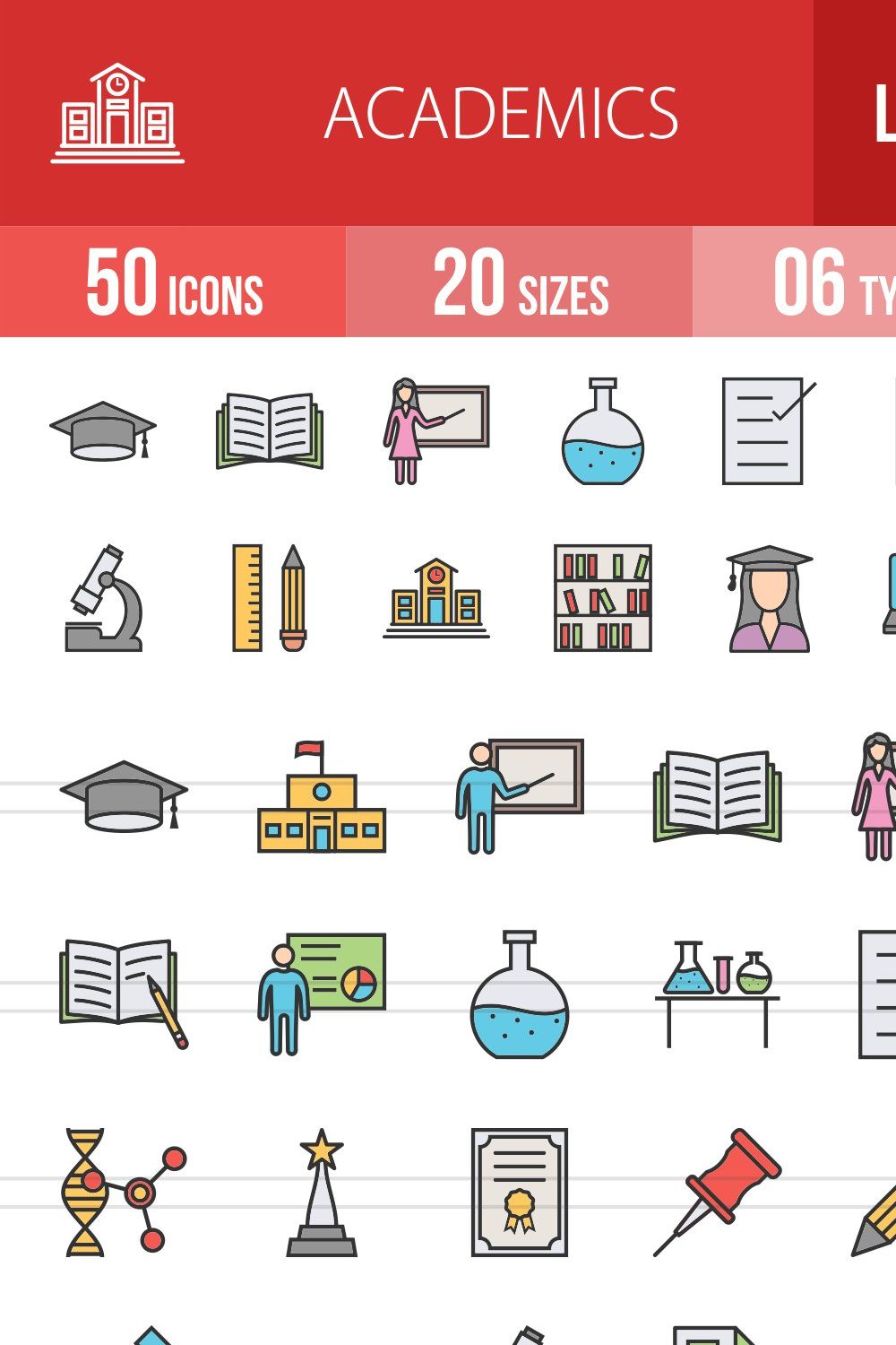 50 Academics Filled Line Icons pinterest preview image.