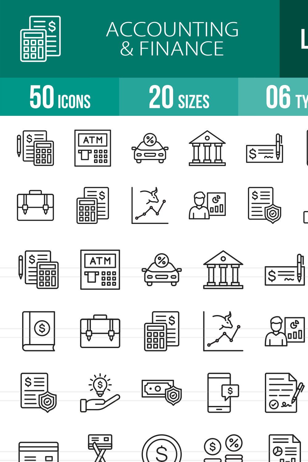 50 Accounting & Finance Line Icons pinterest preview image.