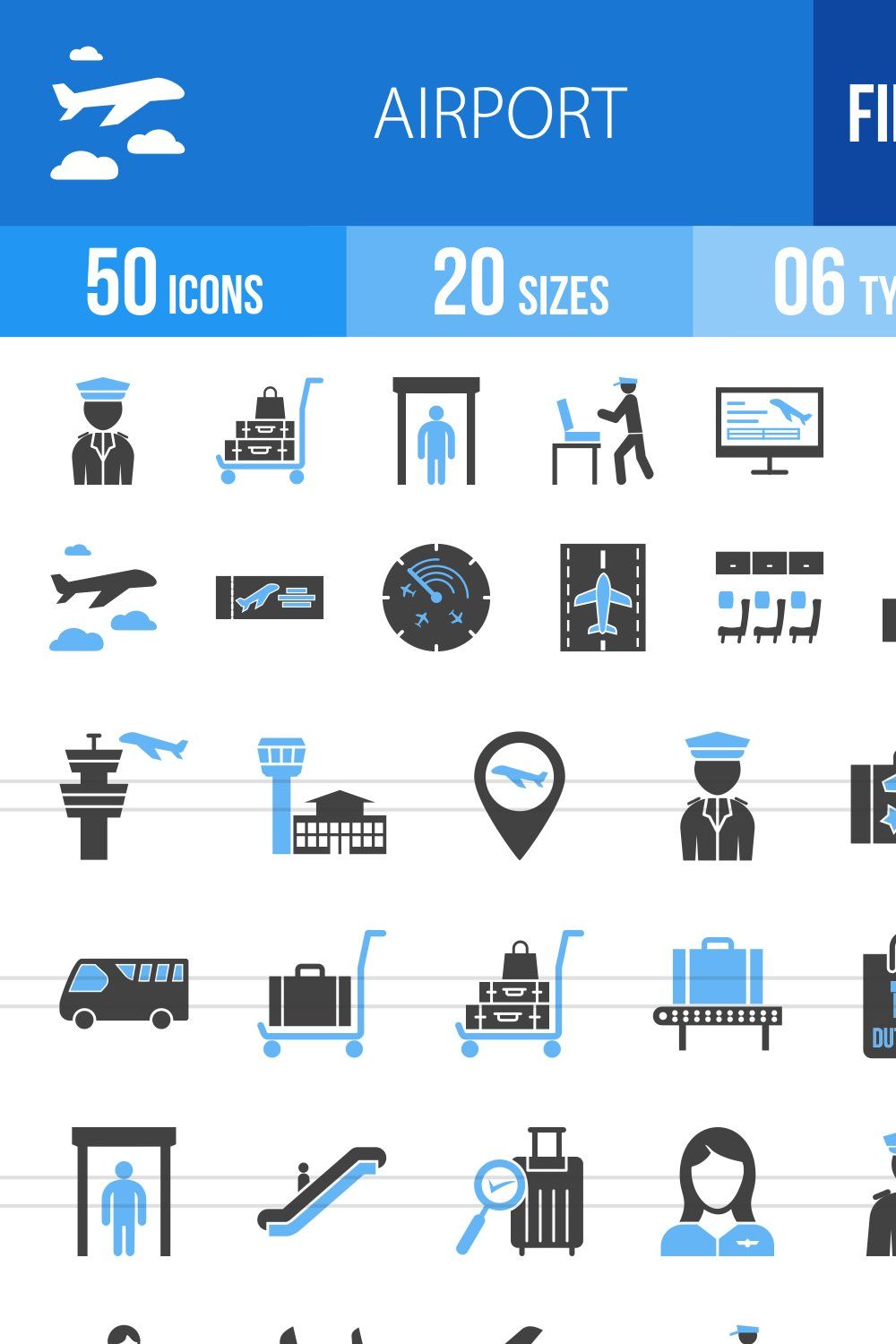 50 Airport Blue & Black Icons pinterest preview image.