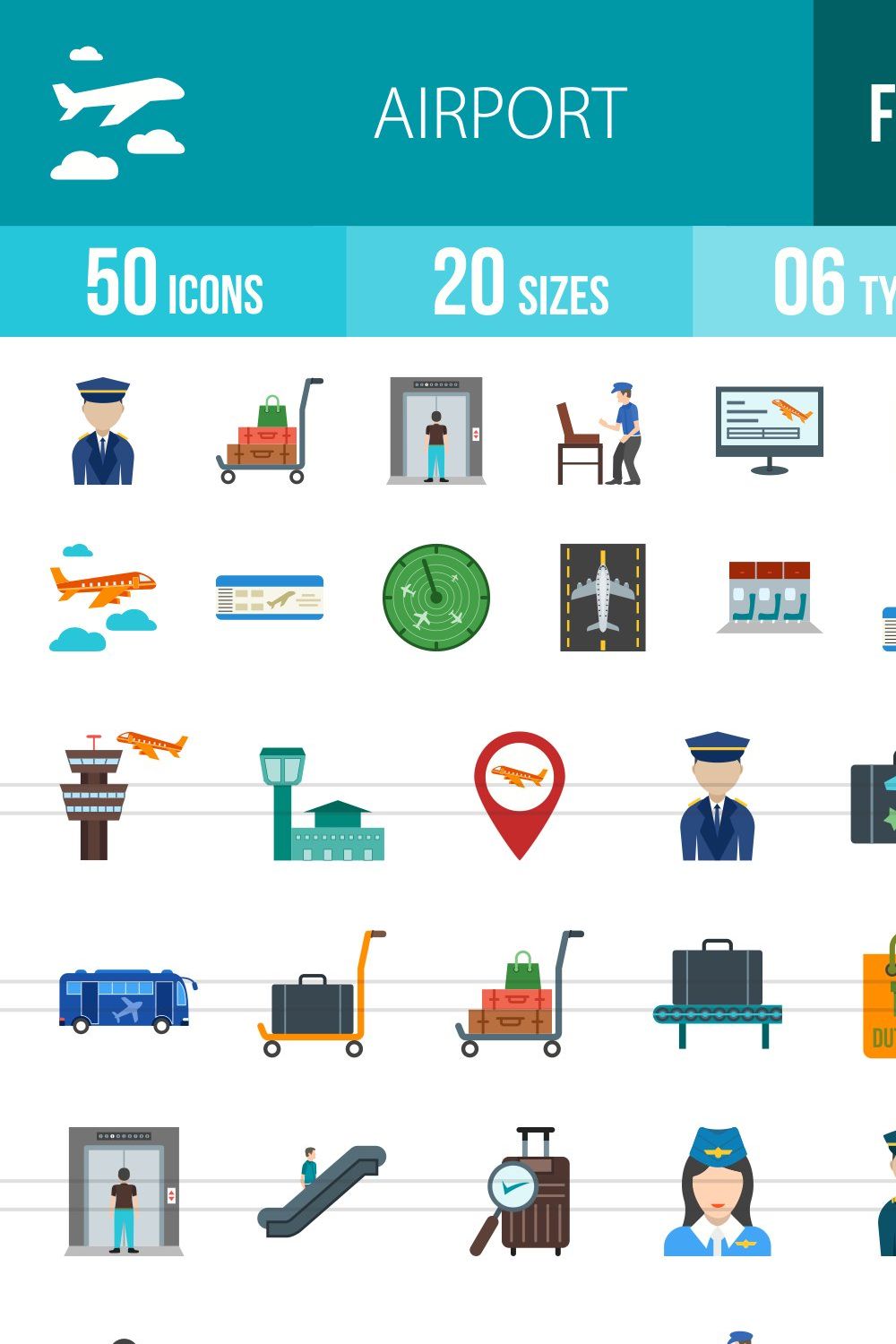 50 Airport Flat Multicolor Icons pinterest preview image.