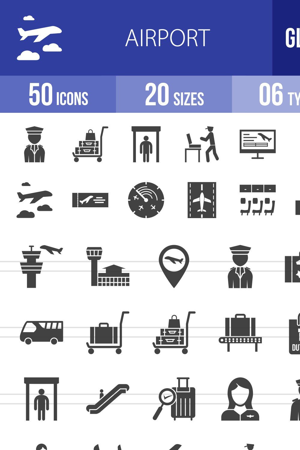 50 Airport Glyph Icons pinterest preview image.