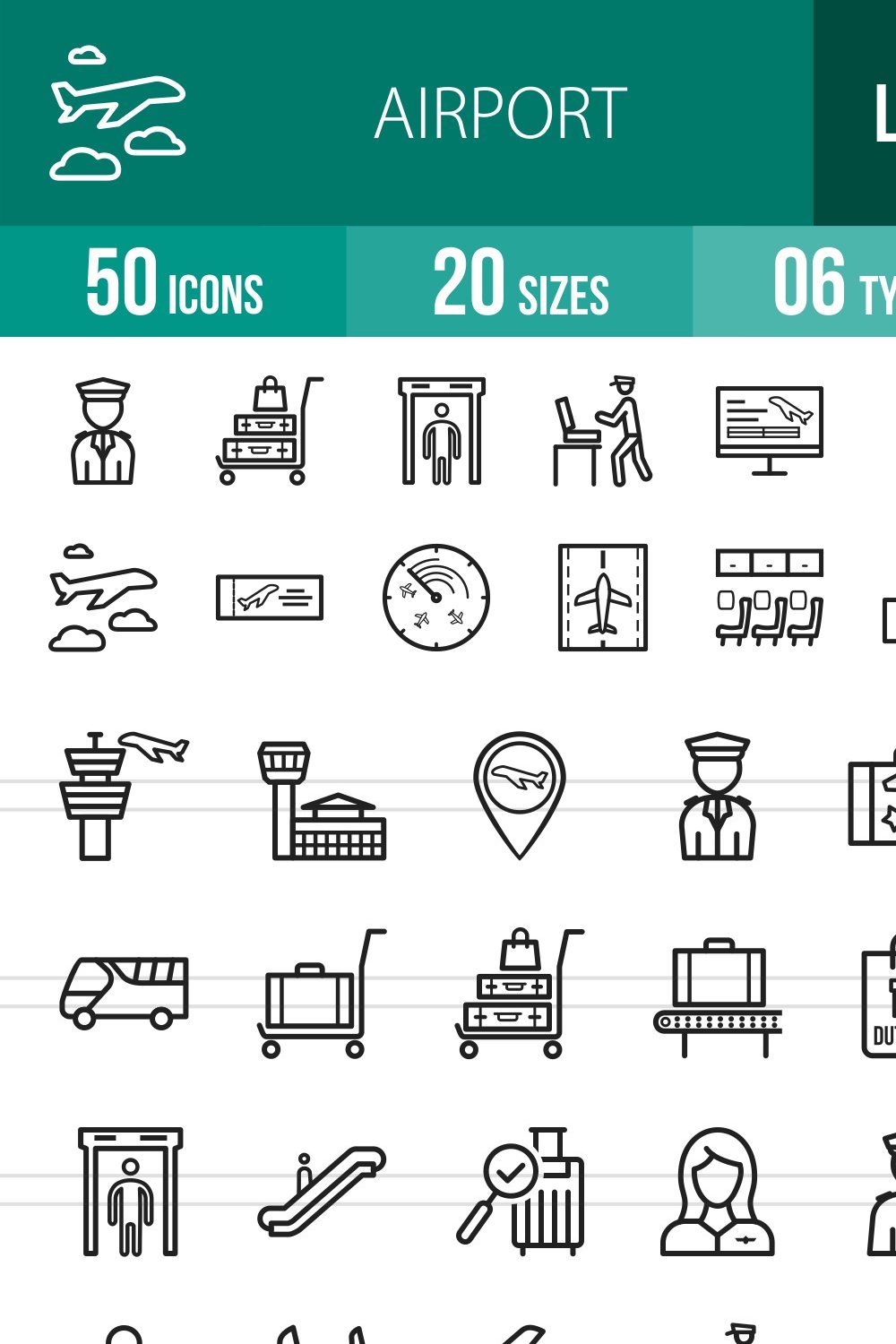50 Airport Line Icons pinterest preview image.