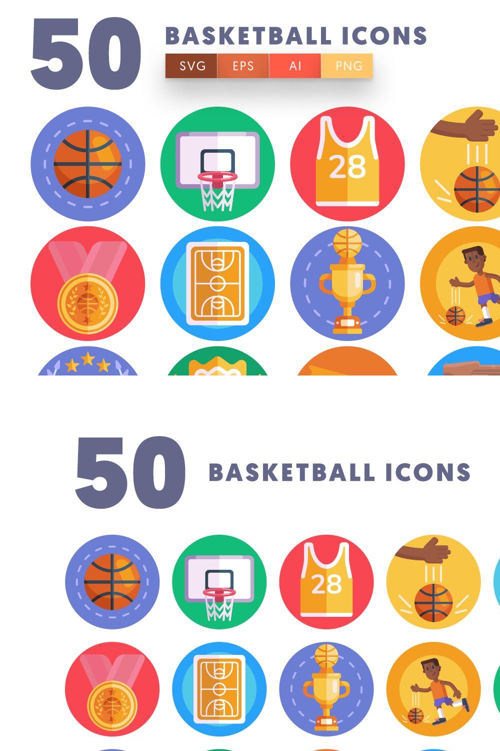 50 Basketball Icons pinterest preview image.