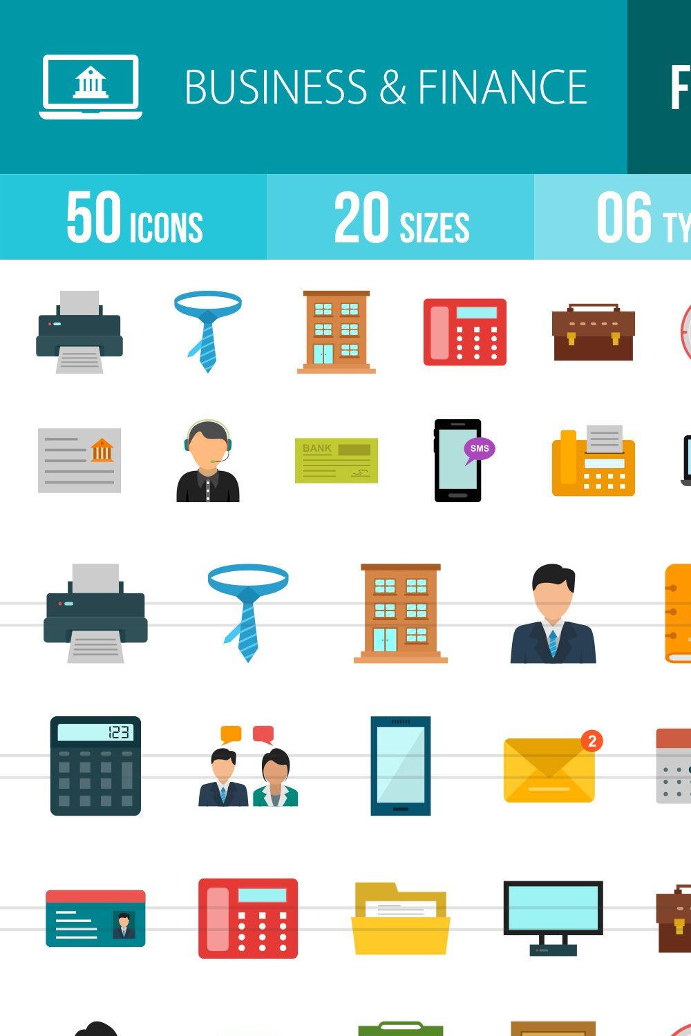50 Business & Finance Flat Icons pinterest preview image.