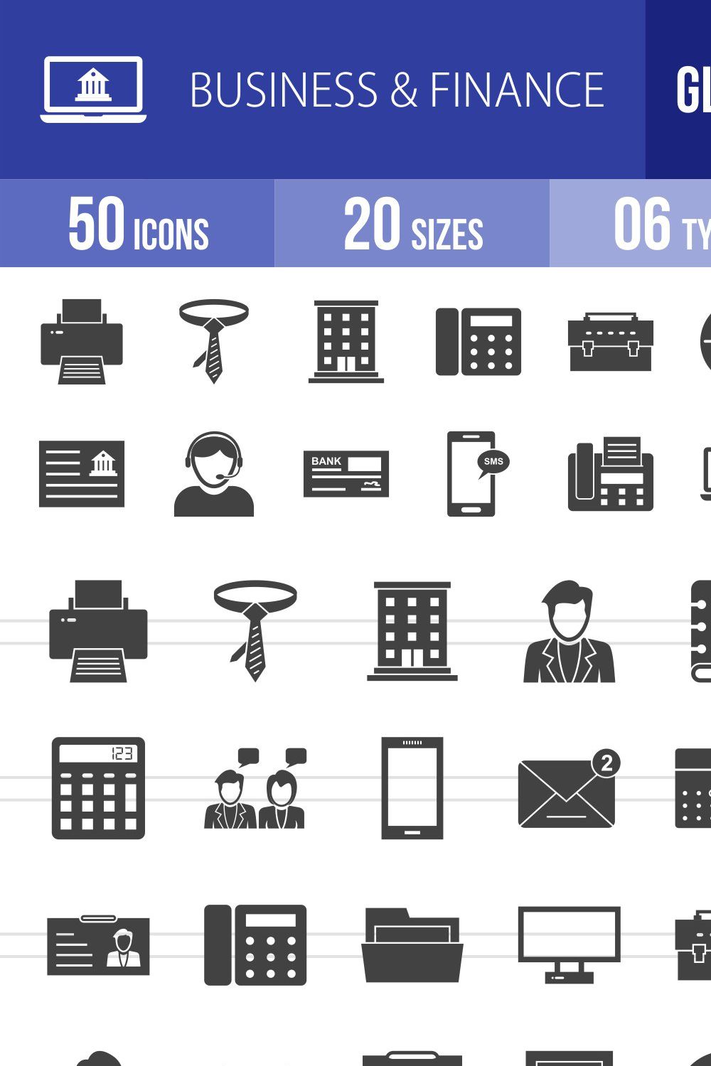 50 Business & Finance Glyph Icons pinterest preview image.