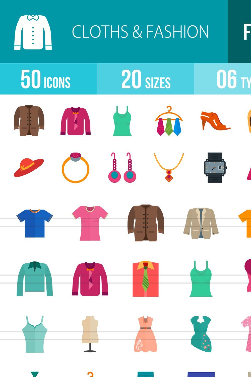 50 Clothes & Fashion Flat Multicolor pinterest preview image.