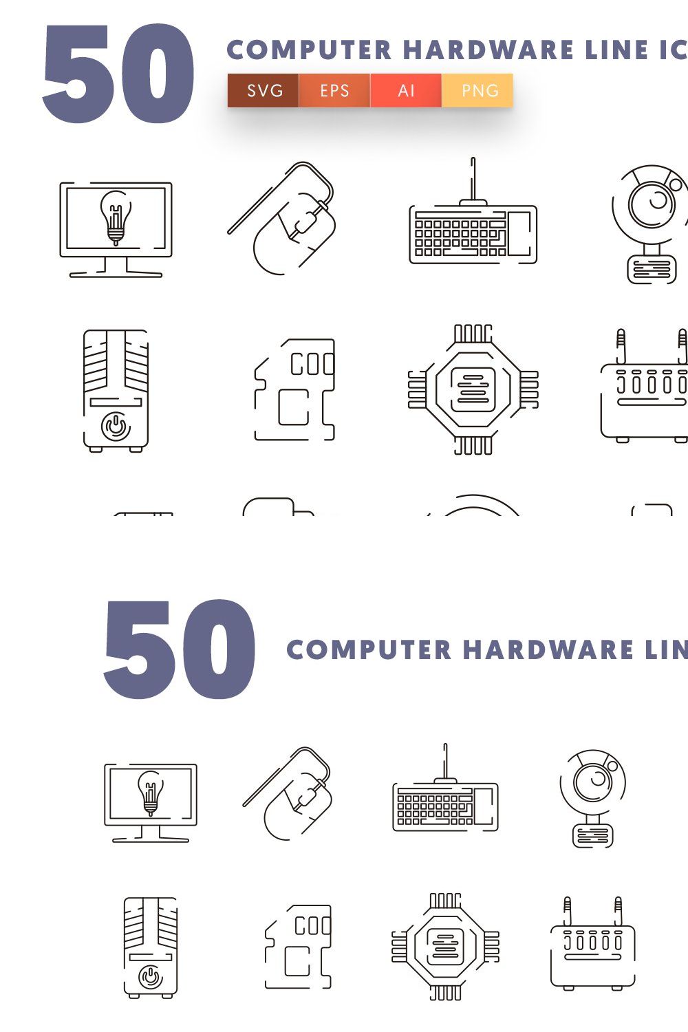 50 Computer Hardware Line Icons pinterest preview image.