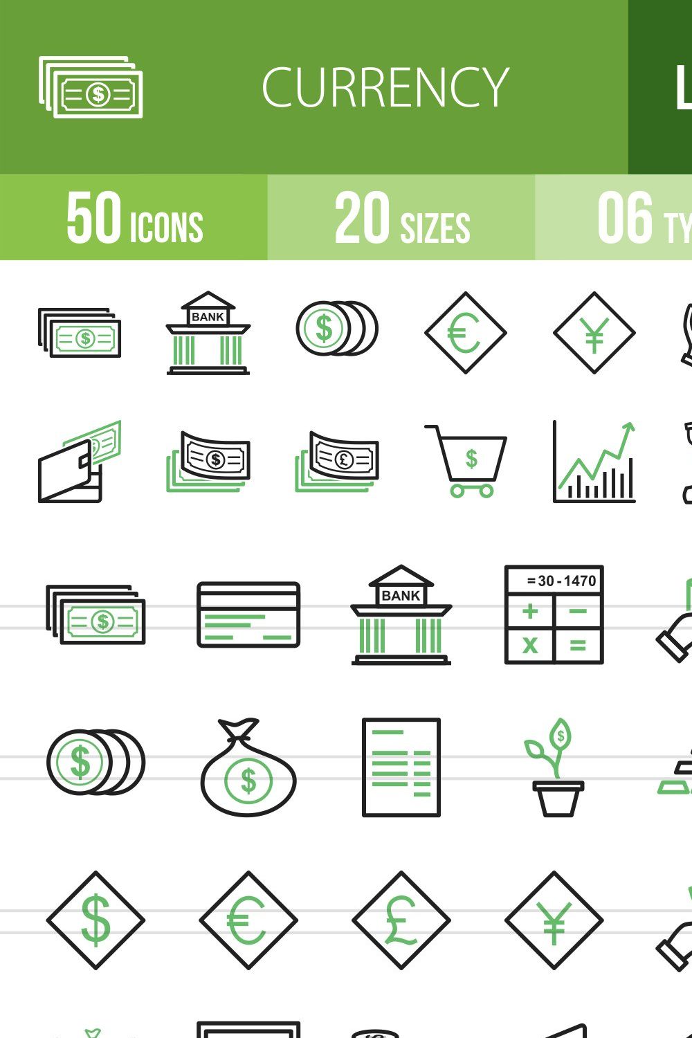 50 Currency Line Green & Black Icons pinterest preview image.