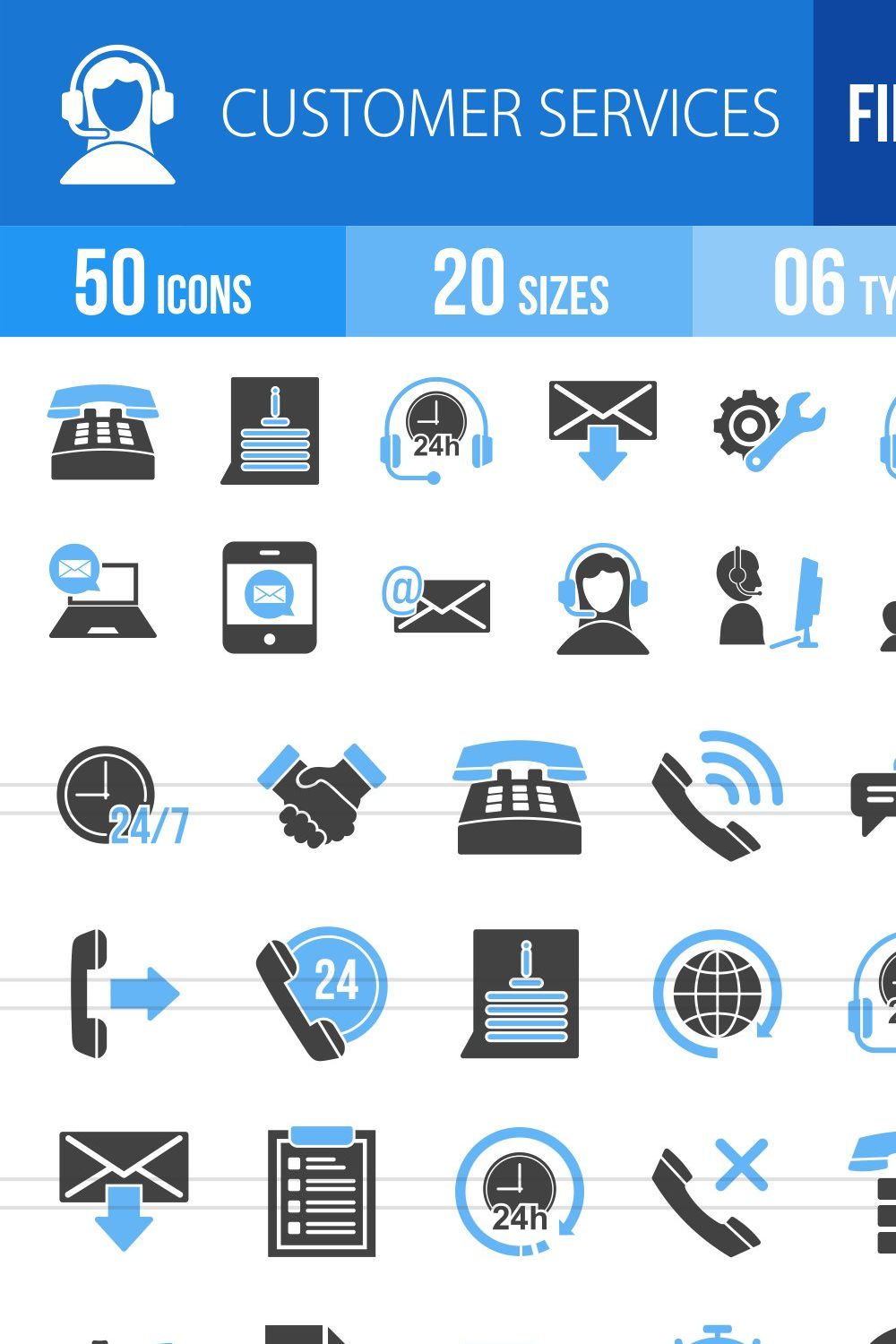 50 Customer Service Blue Black Icons pinterest preview image.