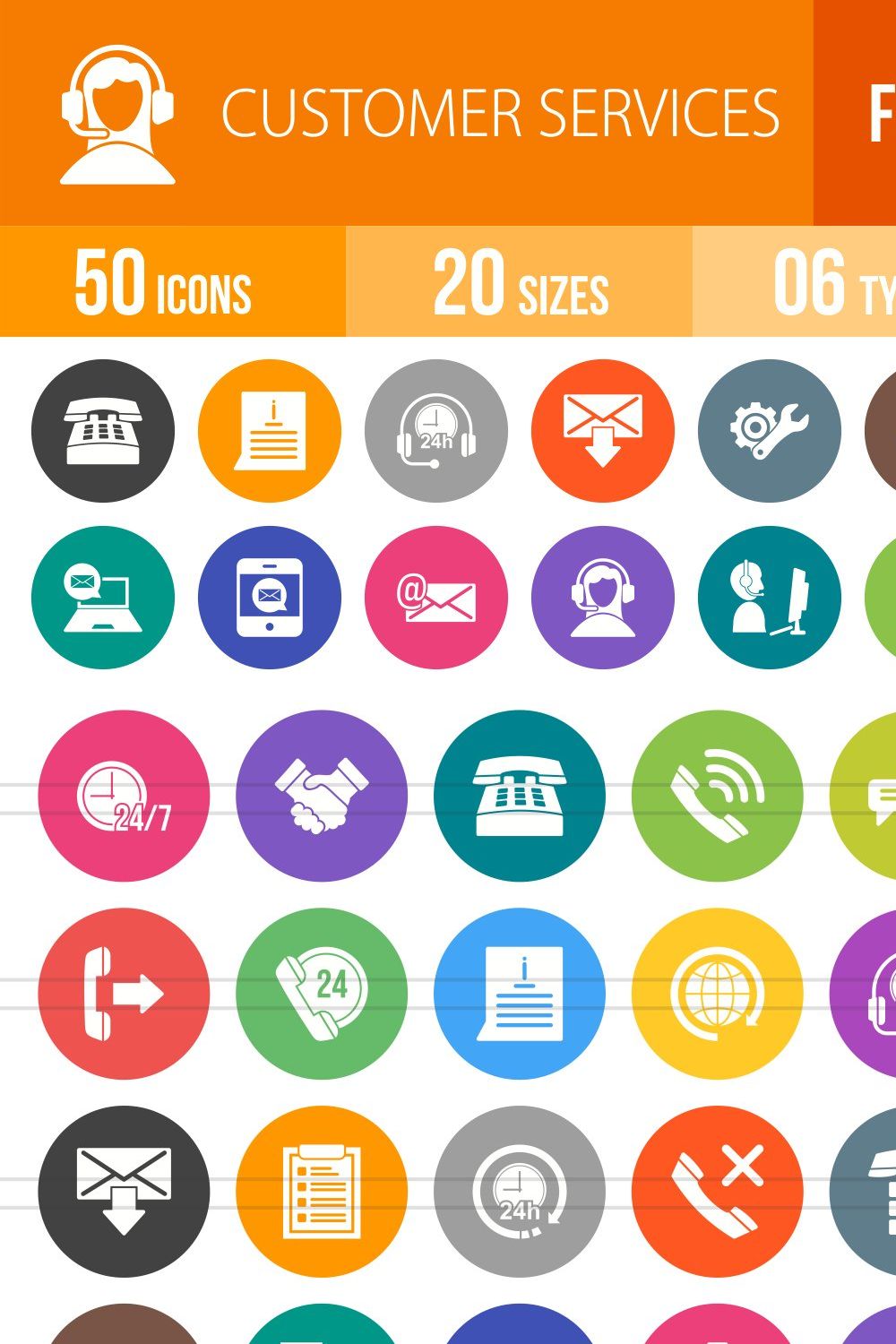 50 Customer Service Flat Round Icons pinterest preview image.