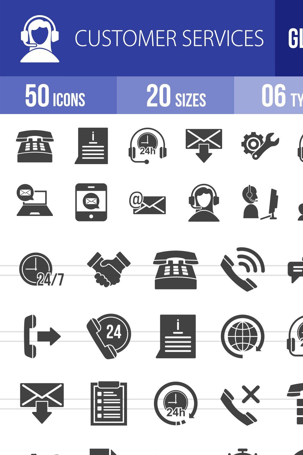 50 Customer Services Glyph Icons pinterest preview image.