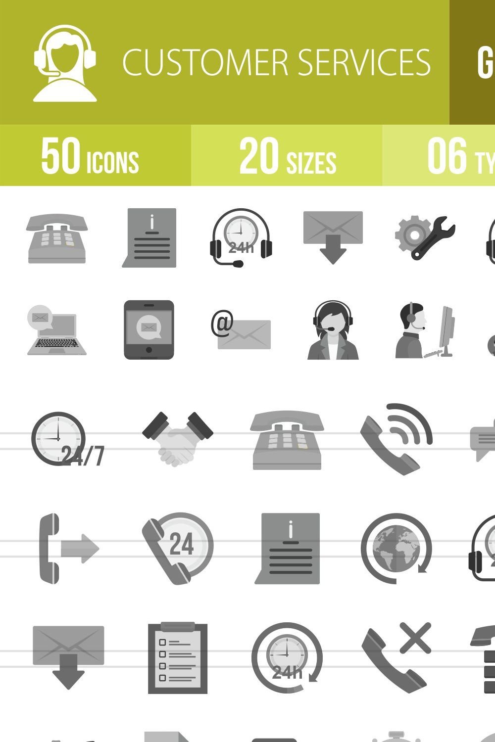 50 Customer Services Greyscale Icons pinterest preview image.
