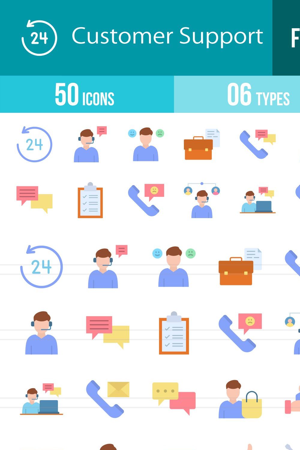 50 Customer Support Flat Icons pinterest preview image.