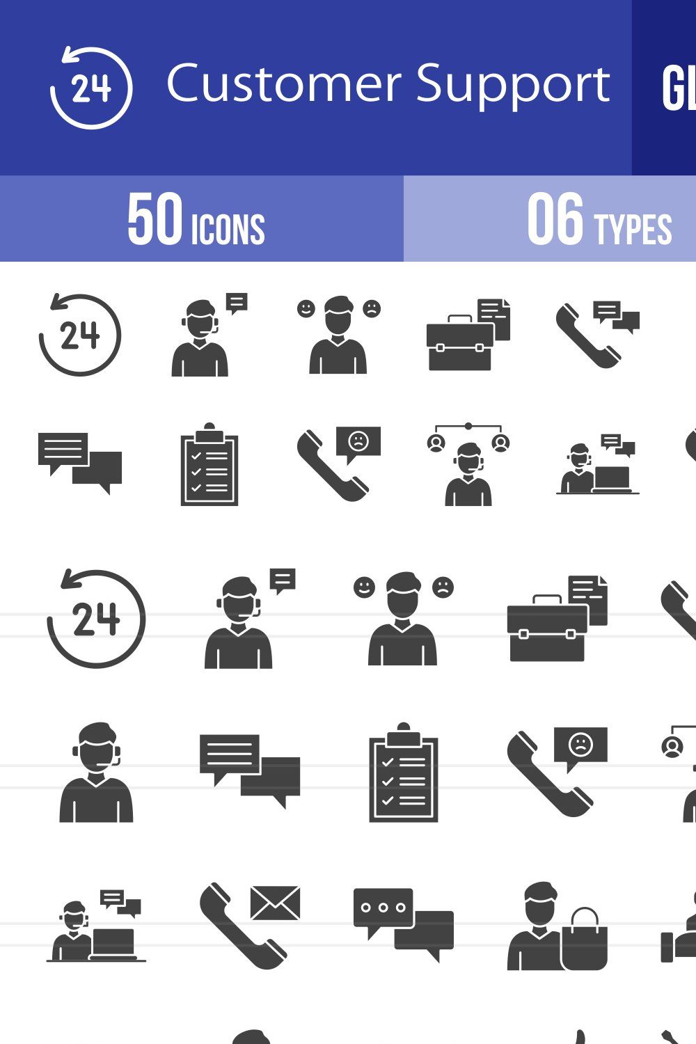 50 Customer Support Glyph Icons pinterest preview image.