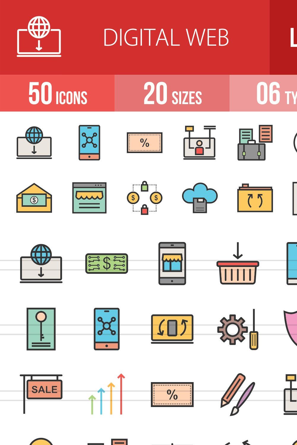50 Digital Web Line Filled Icons pinterest preview image.