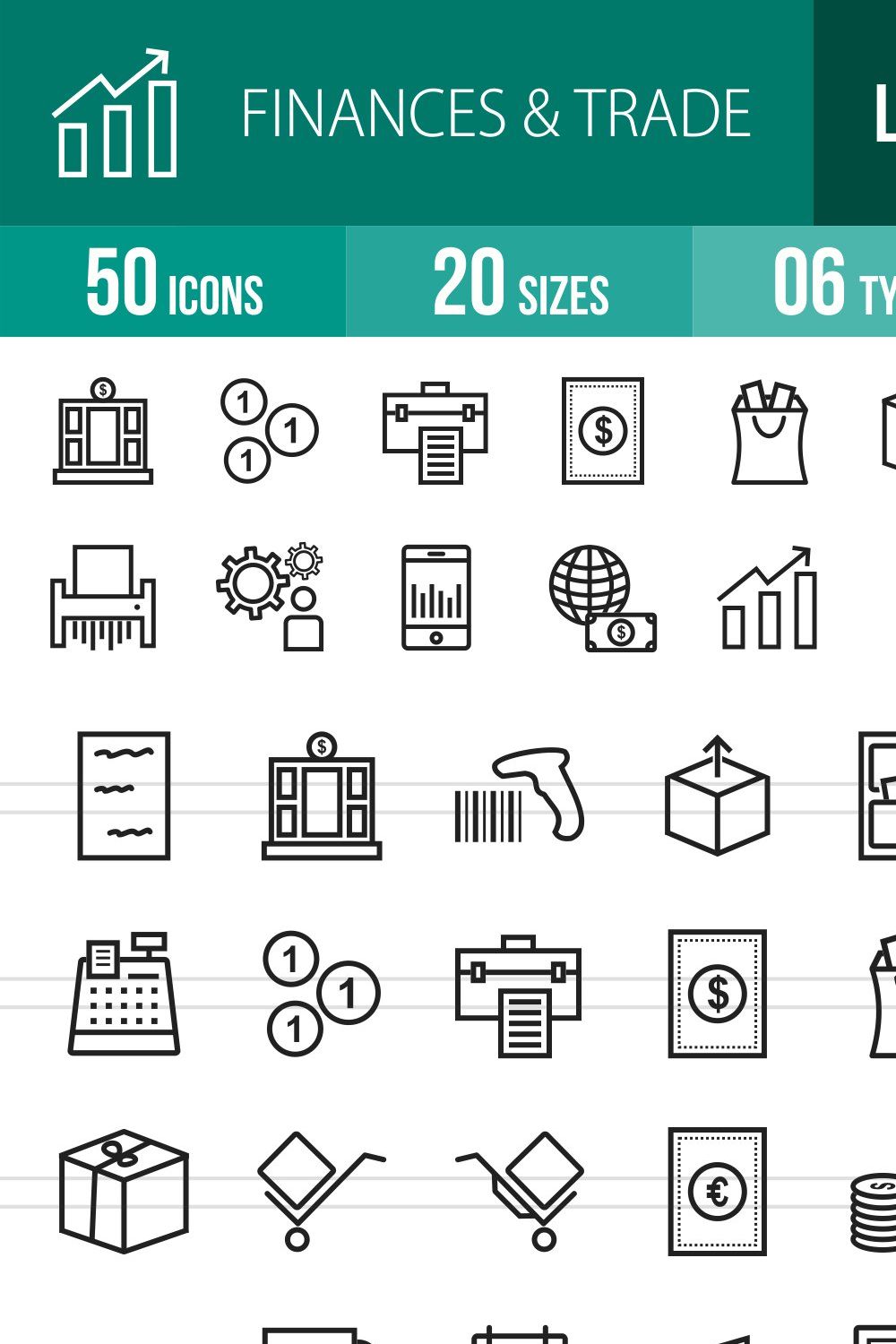 50 Finances & Trade Line Icons pinterest preview image.