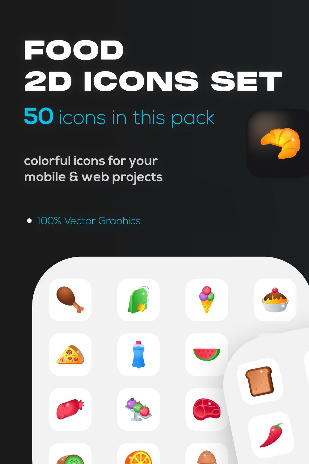 50 Flat Food and Drink Icons pinterest preview image.