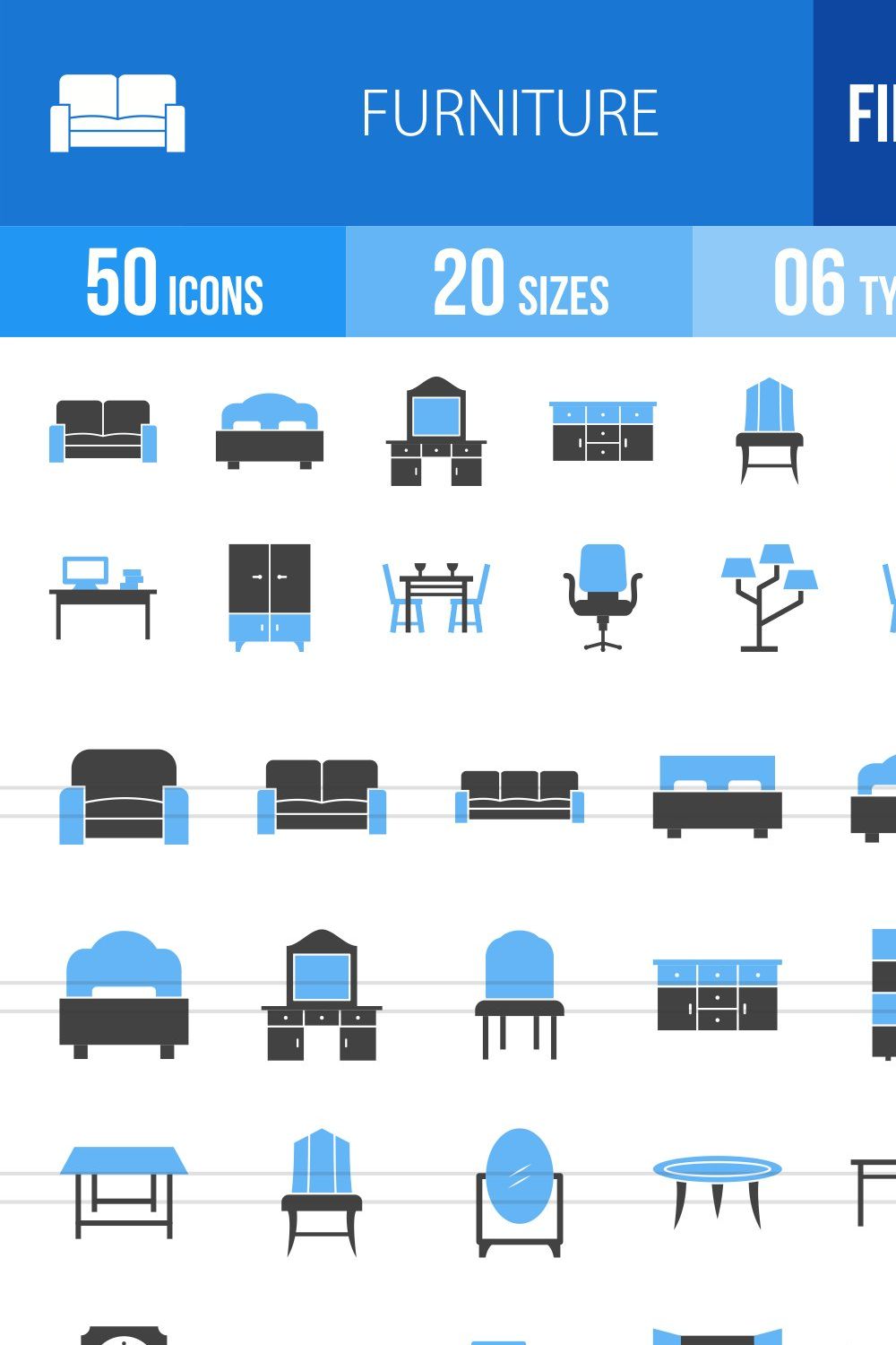 50 Furniture Blue & Black Icons pinterest preview image.