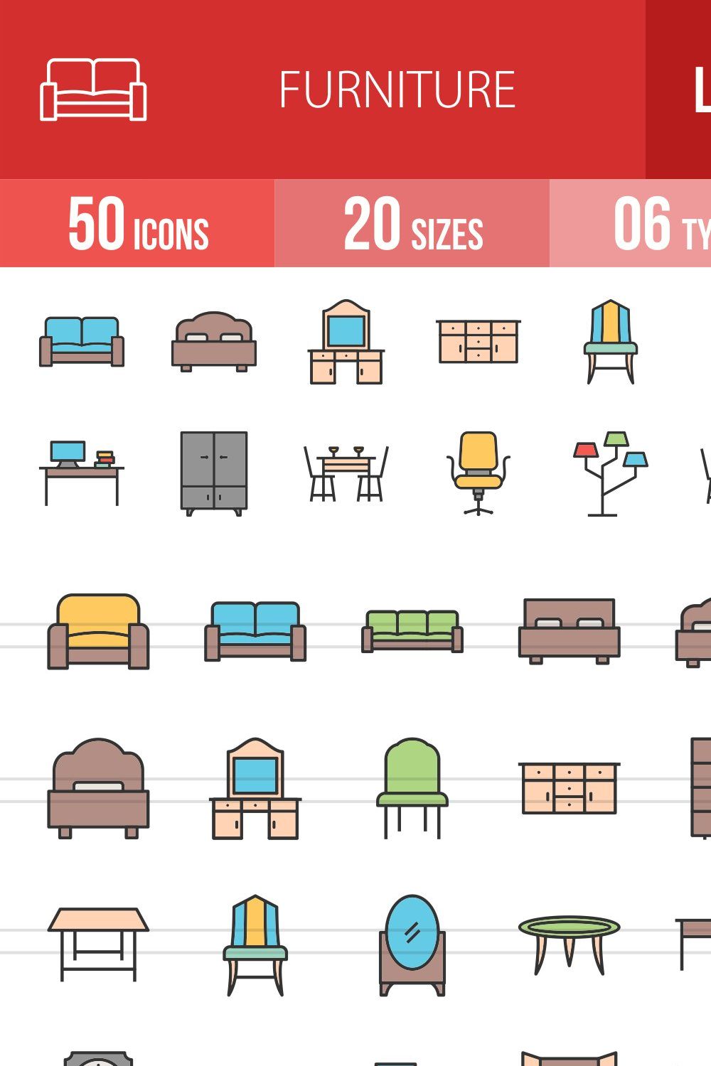 50 Furniture Filled Line Icons pinterest preview image.