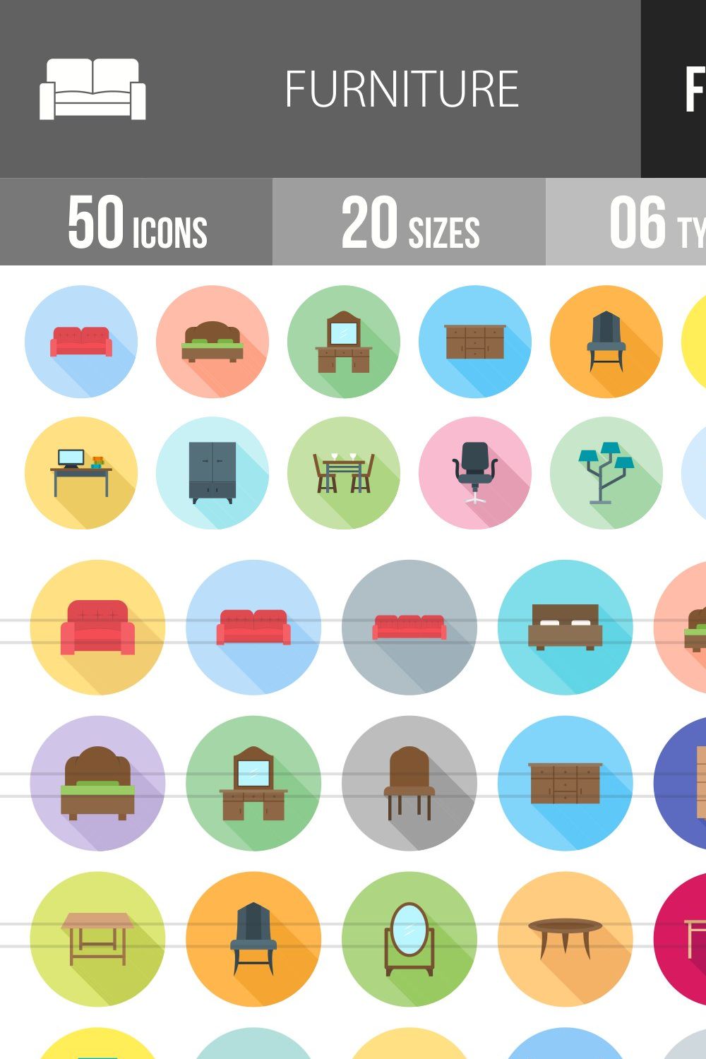 50 Furniture Flat Long Icons pinterest preview image.