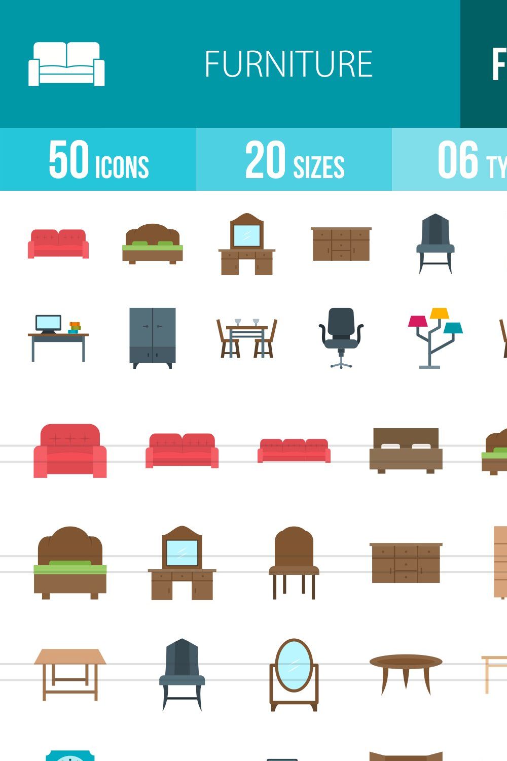 50 Furniture Flat Multicolor Icons pinterest preview image.
