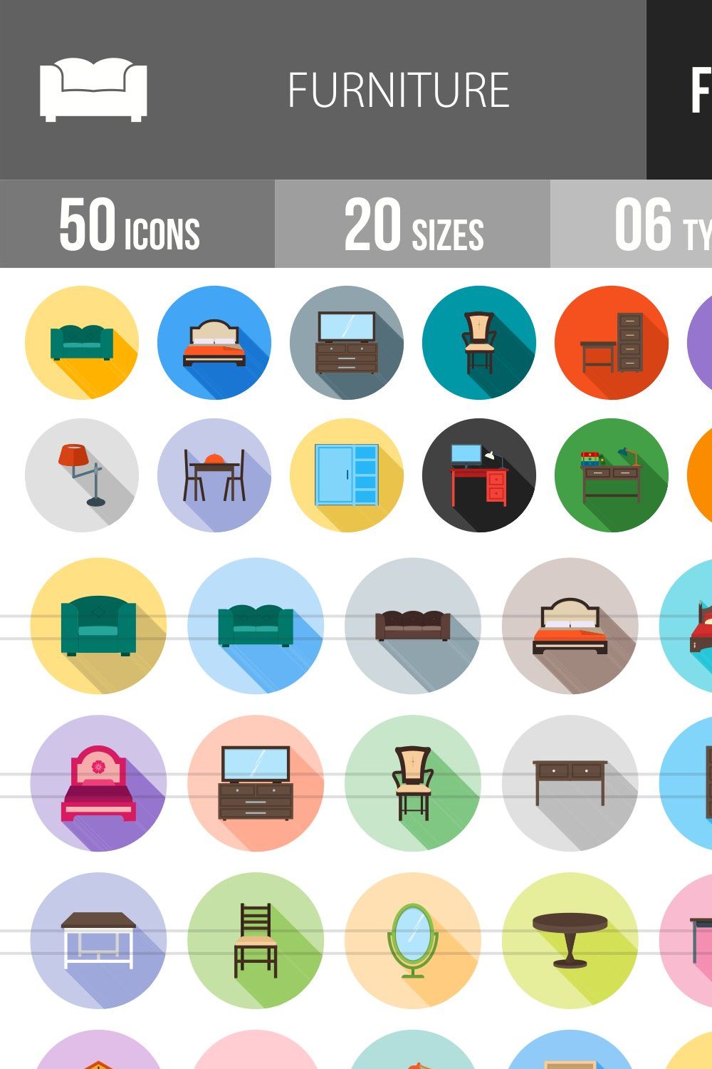 50 Furniture Flat Shadowed Icons pinterest preview image.