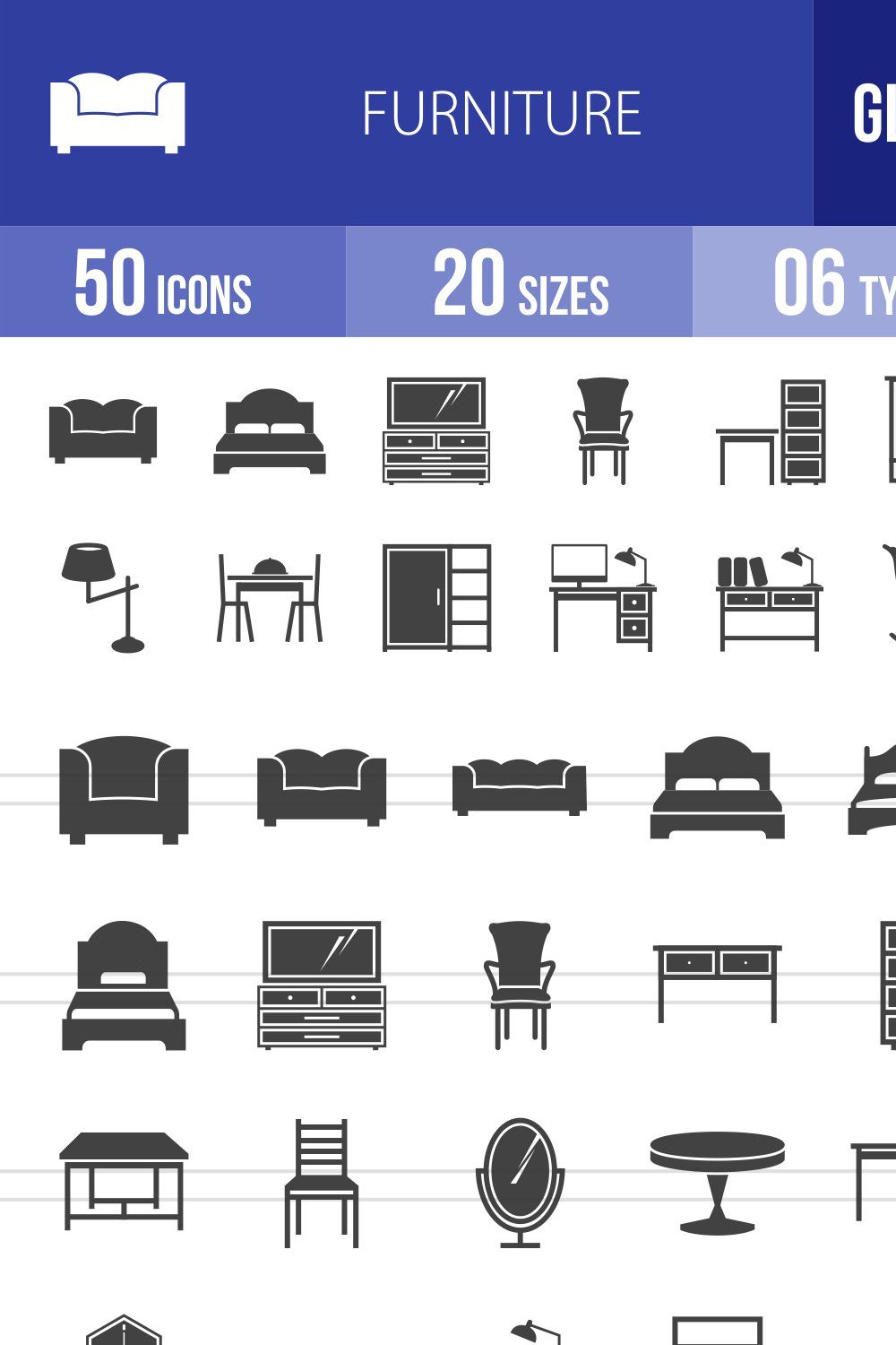 50 Furniture Glyph Icons pinterest preview image.