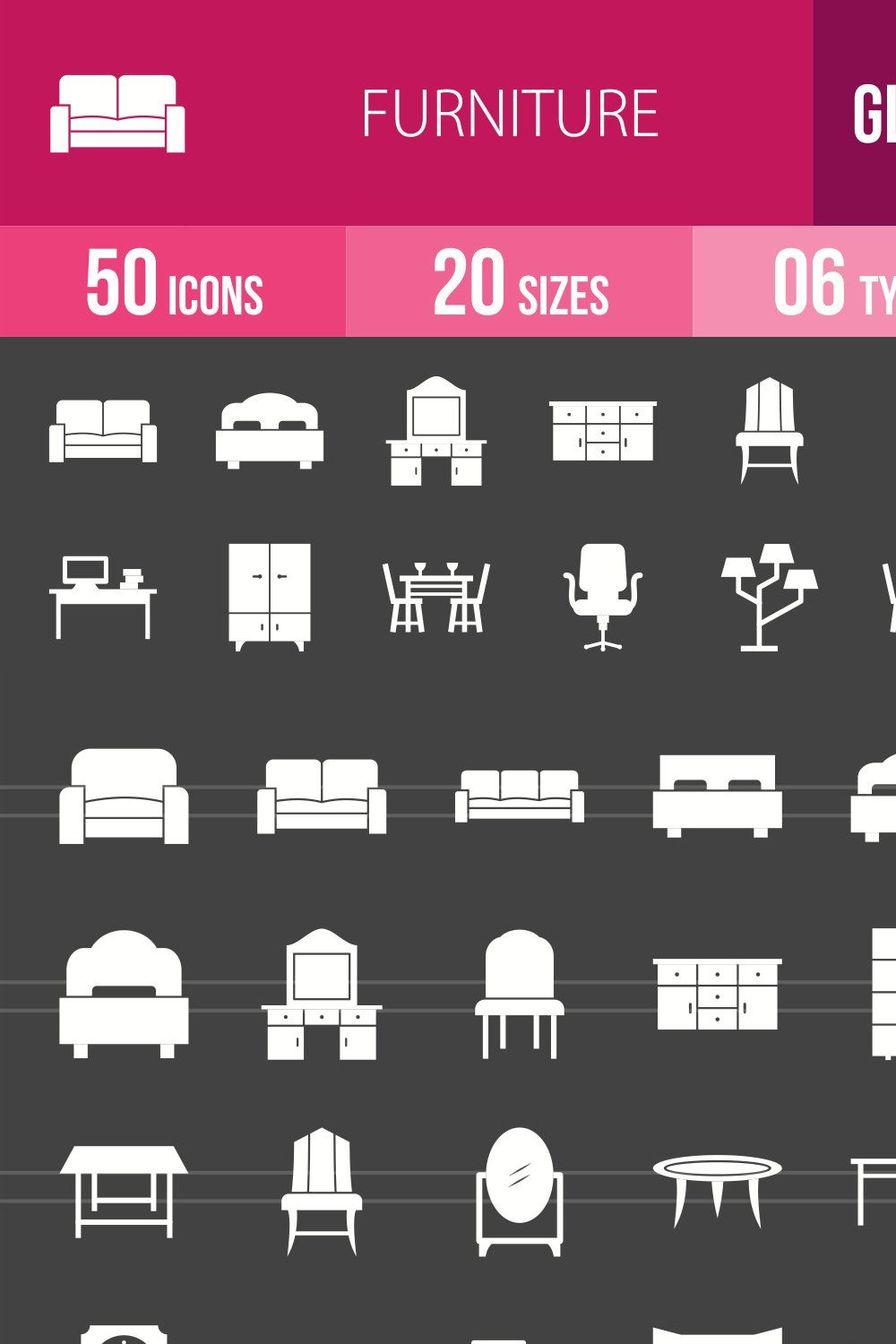 50 Furniture Glyph Inverted Icons pinterest preview image.