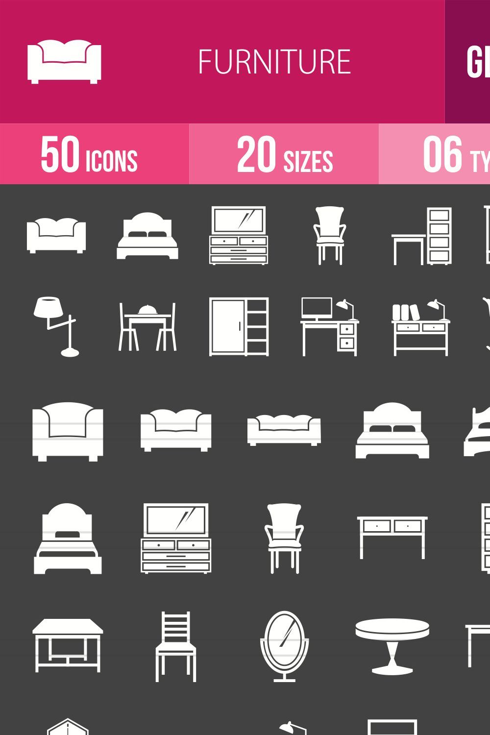 50 Furniture Glyph Inverted Icons pinterest preview image.