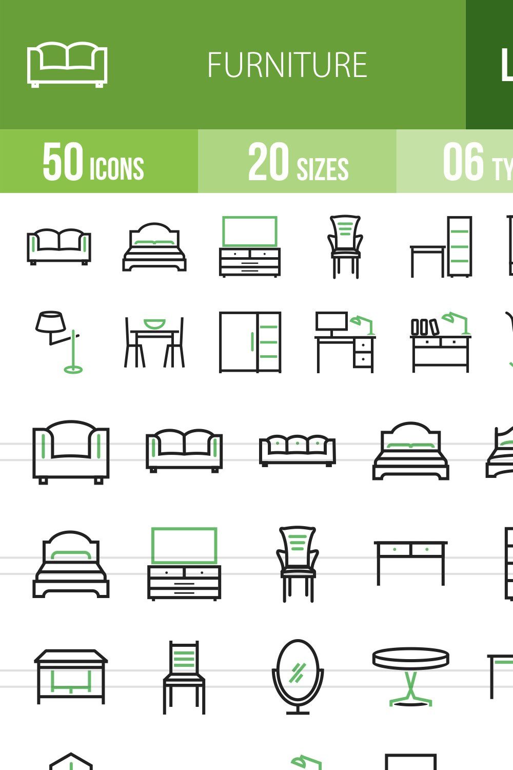50 Furniture Green & Black Icons pinterest preview image.